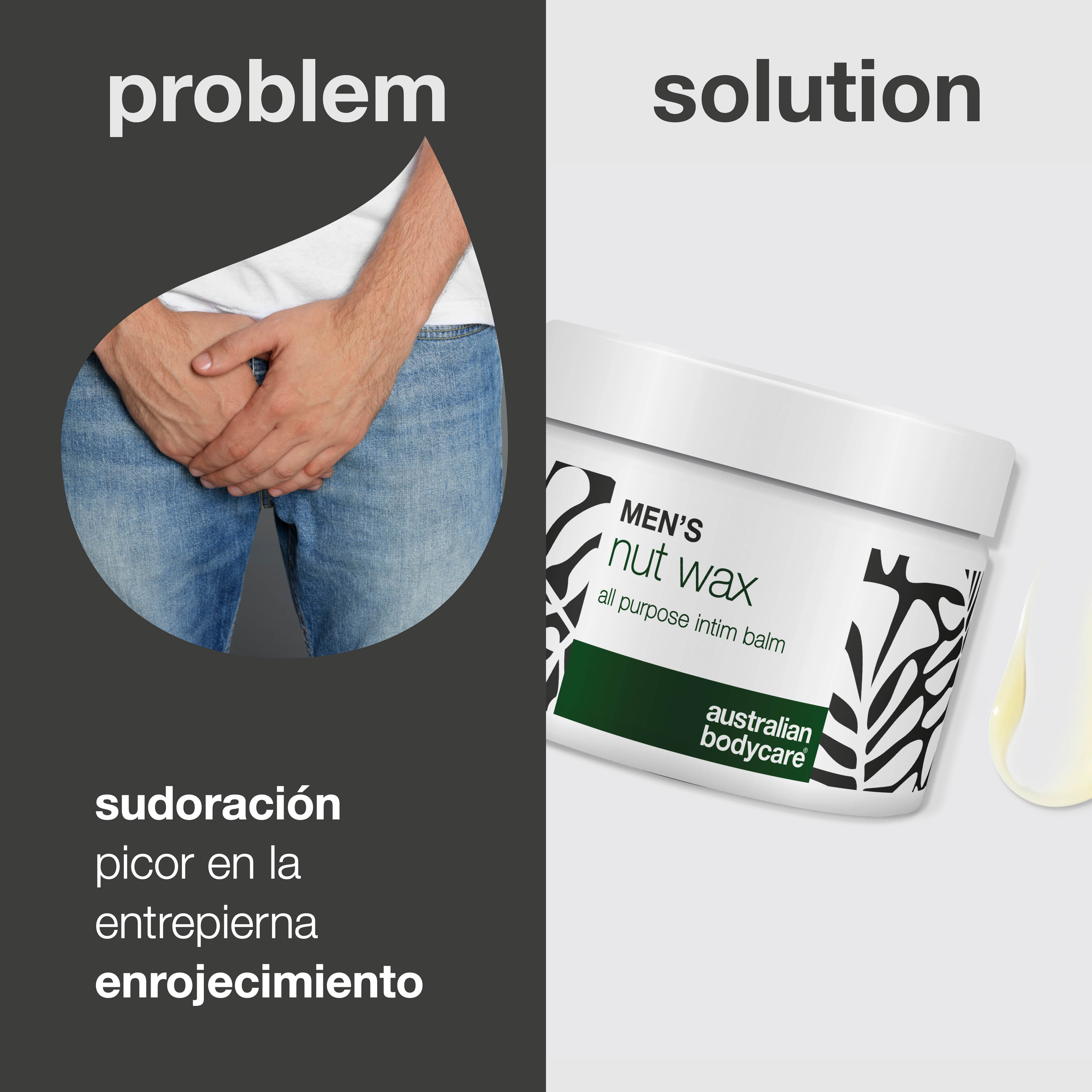 Bálsamo Íntimo para Hombres reduce sudor, fricción y mal olor. Cuida la piel sensible con manteca de karité, escualano y ingredientes calmantes.