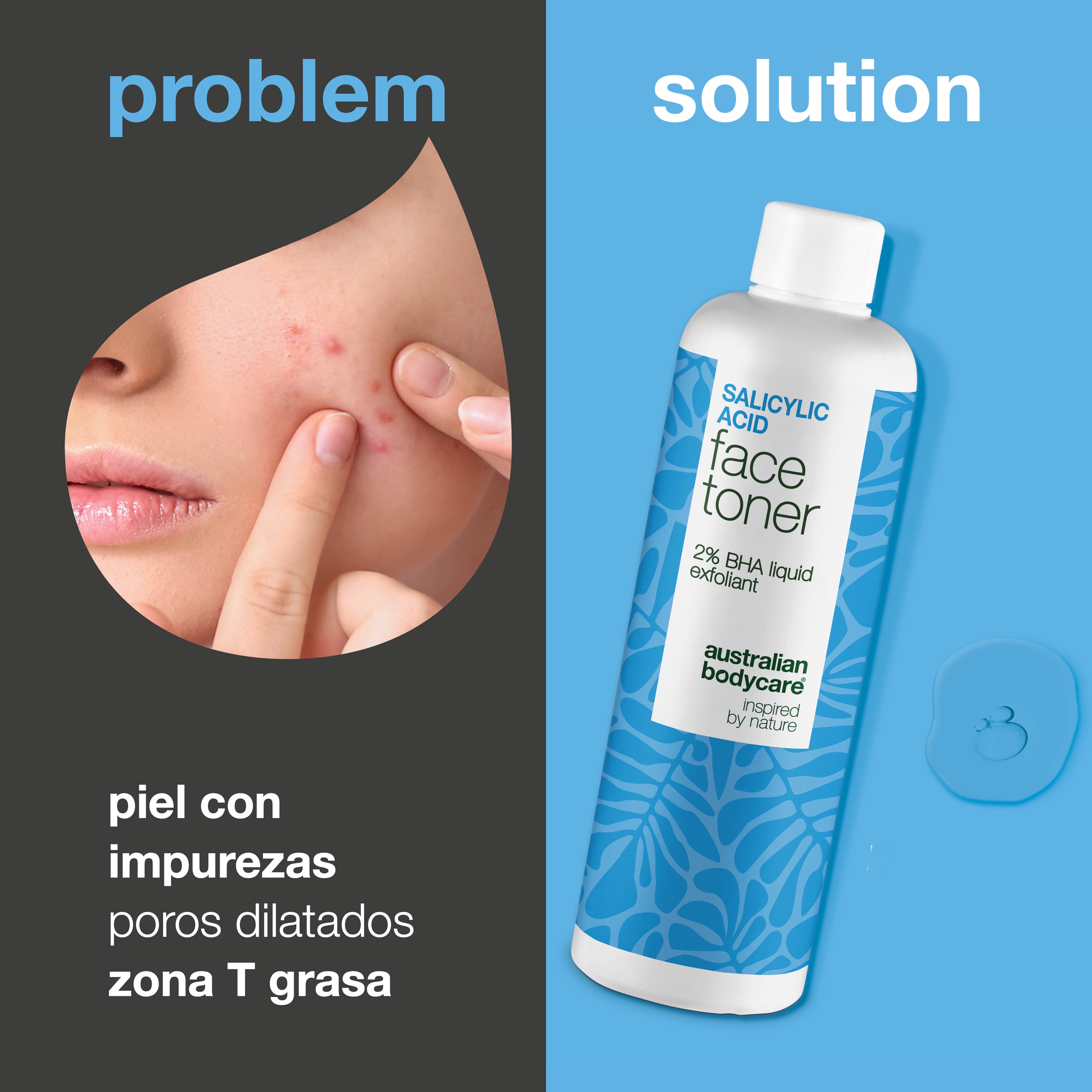 Salicylic Acid toner combatte punti neri, imperfezioni e sebo in eccesso. Uso quotidiano. Contiene Salicylic Acid di Australian Bodycare.