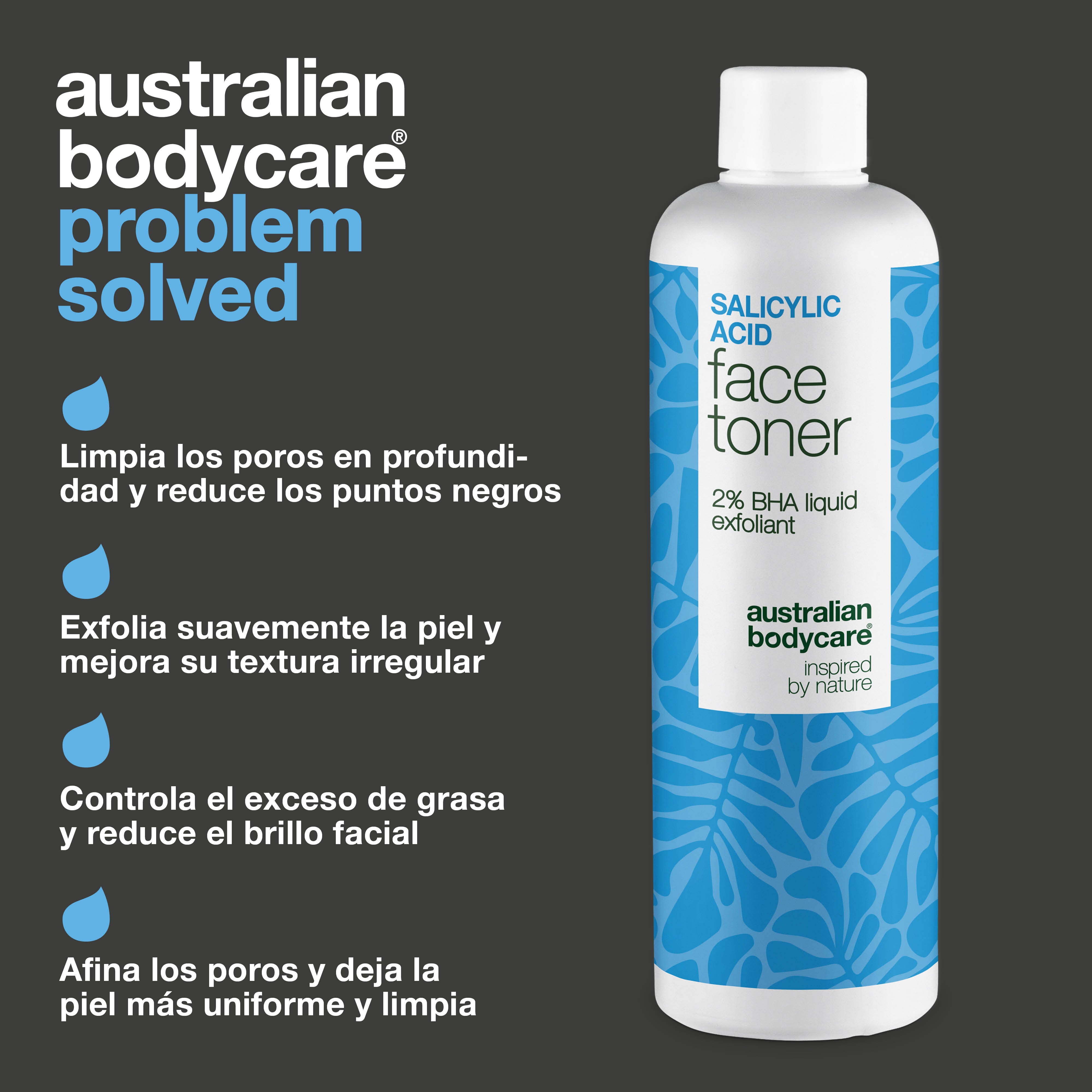 Salicylic Acid toner combatte punti neri, imperfezioni e sebo in eccesso. Uso quotidiano. Contiene Salicylic Acid di Australian Bodycare.