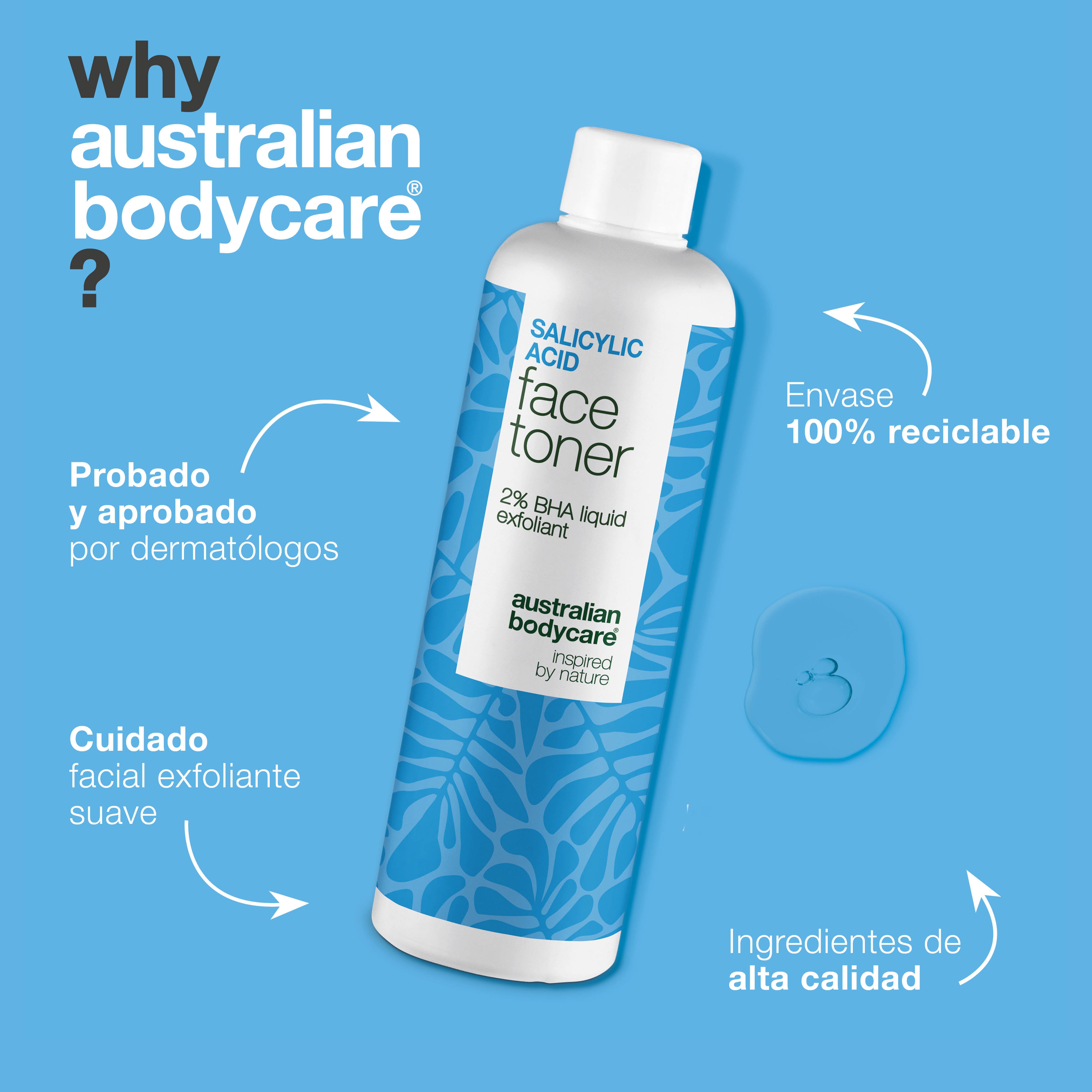 Salicylic Acid toner combatte punti neri, imperfezioni e sebo in eccesso. Uso quotidiano. Contiene Salicylic Acid di Australian Bodycare.