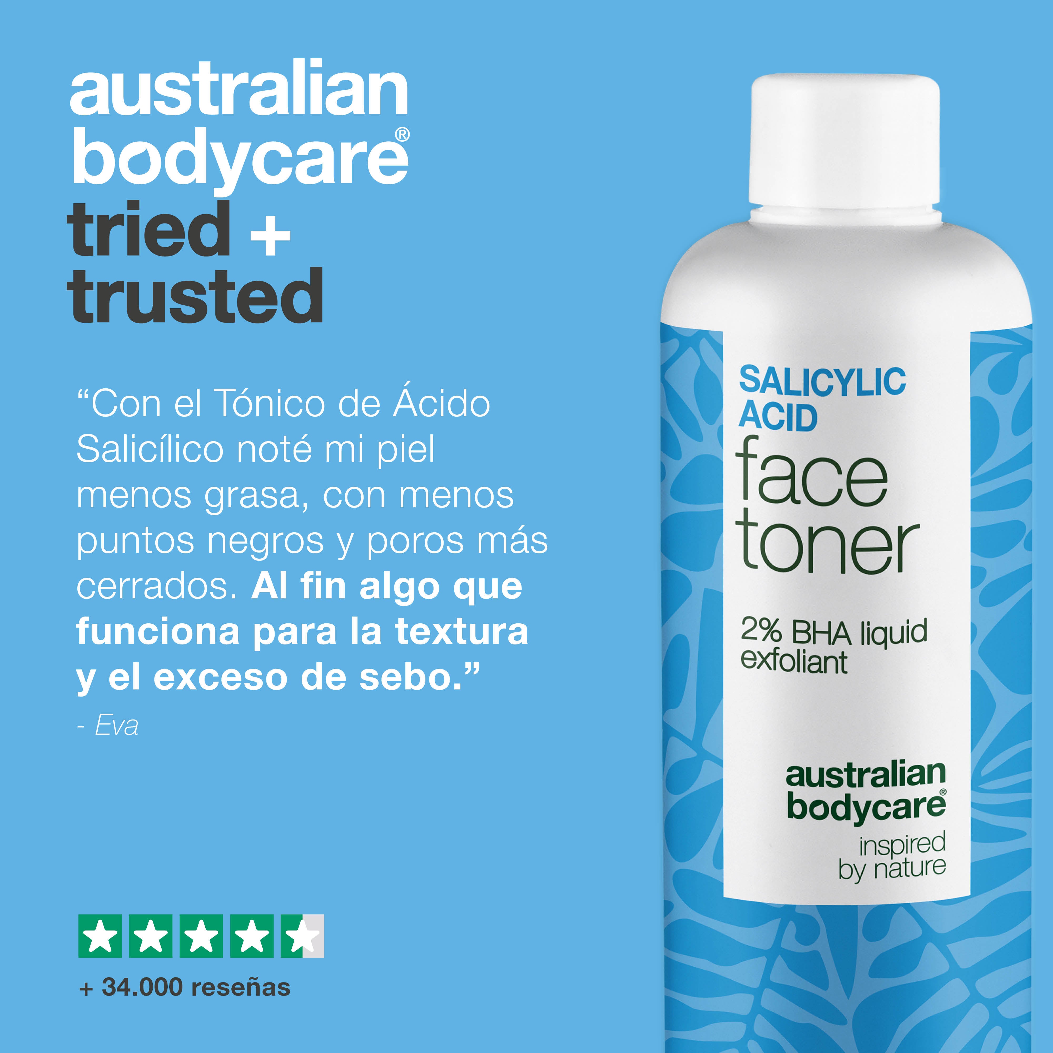 Salicylic Acid toner combatte punti neri, imperfezioni e sebo in eccesso. Uso quotidiano. Contiene Salicylic Acid di Australian Bodycare.