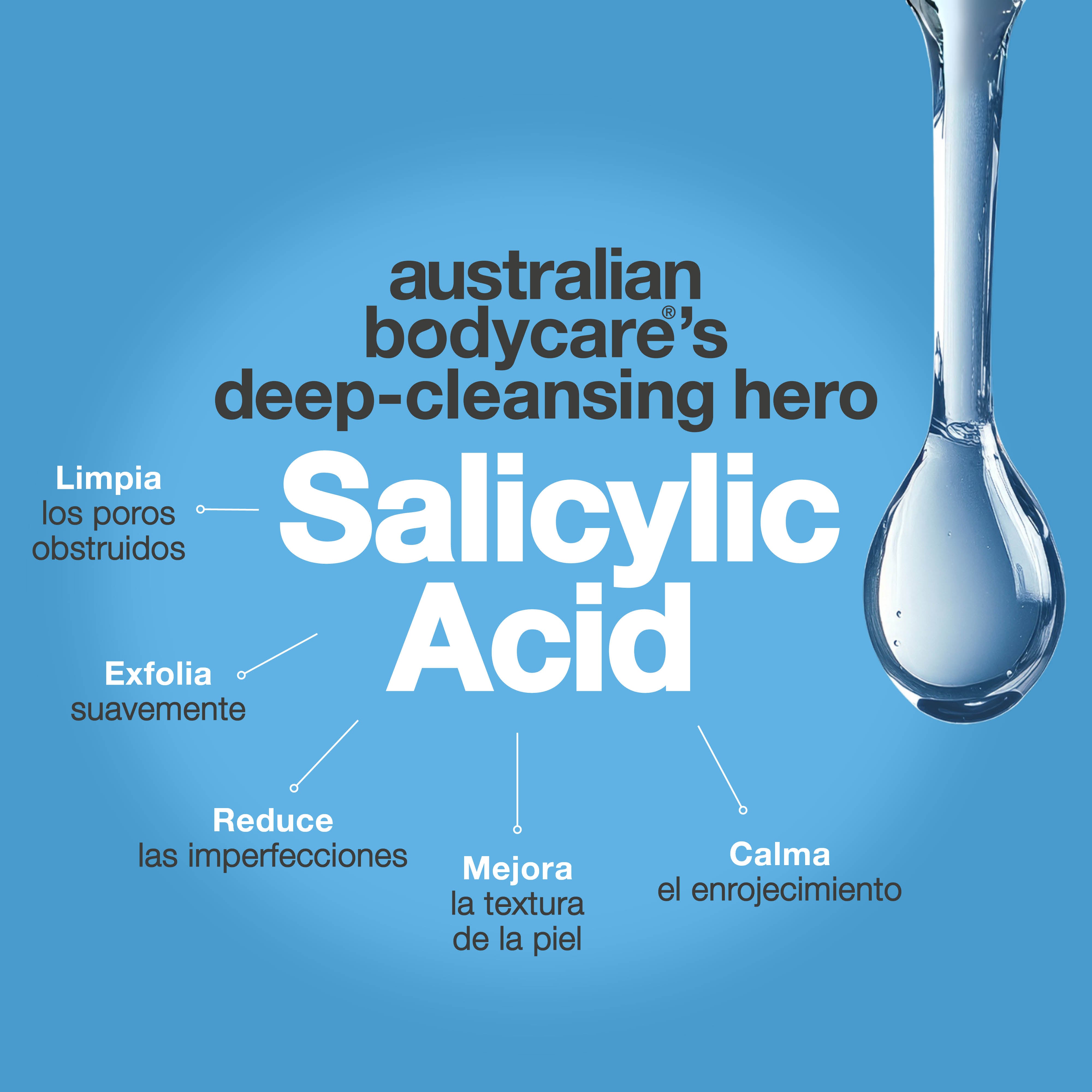 Salicylic Acid toner combatte punti neri, imperfezioni e sebo in eccesso. Uso quotidiano. Contiene Salicylic Acid di Australian Bodycare.