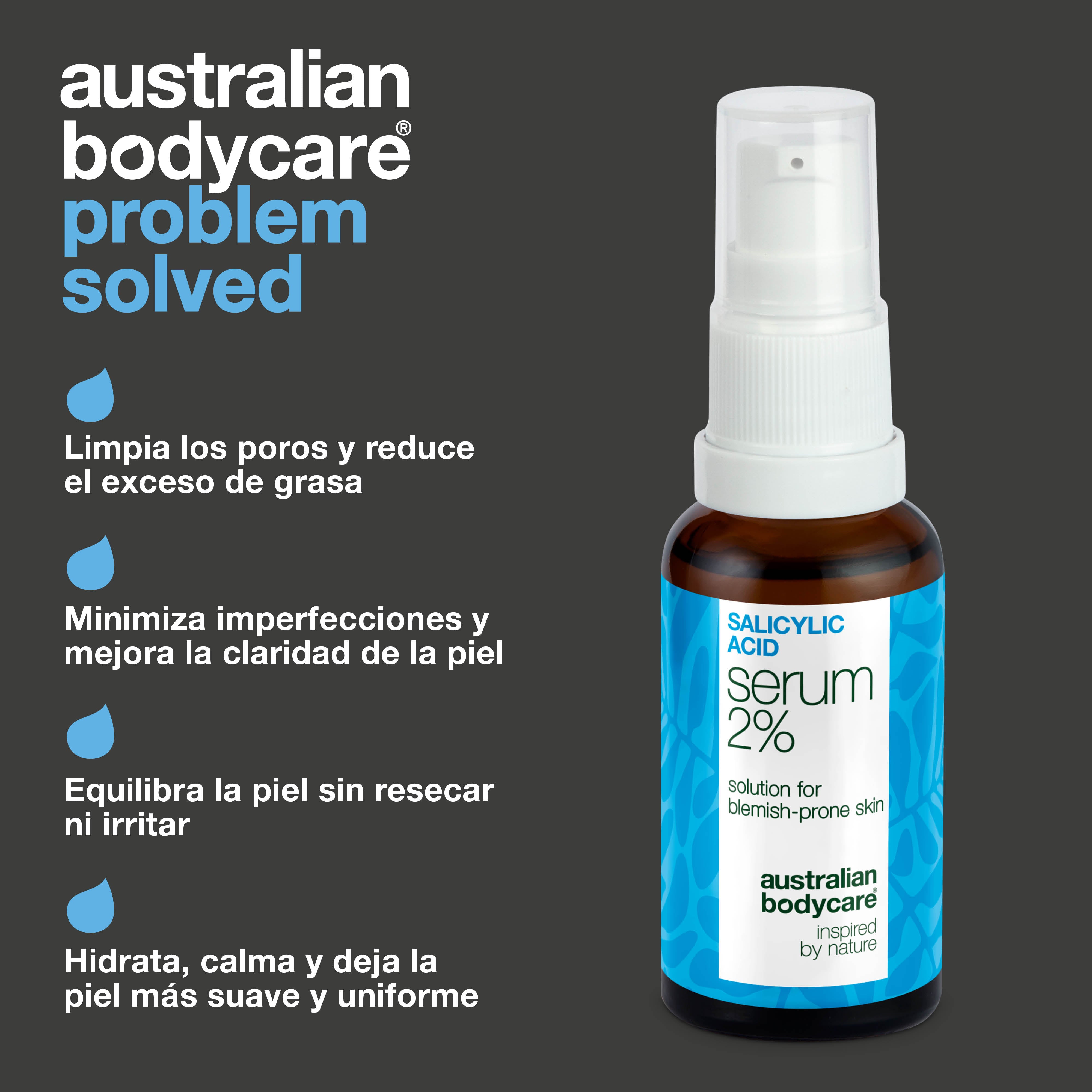 Suero ácido salicílico 2% ideal para piel con brotes y poros tapados. Contiene Zinc PCA, extracto de té verde, ácido hialurónico y glicerina.