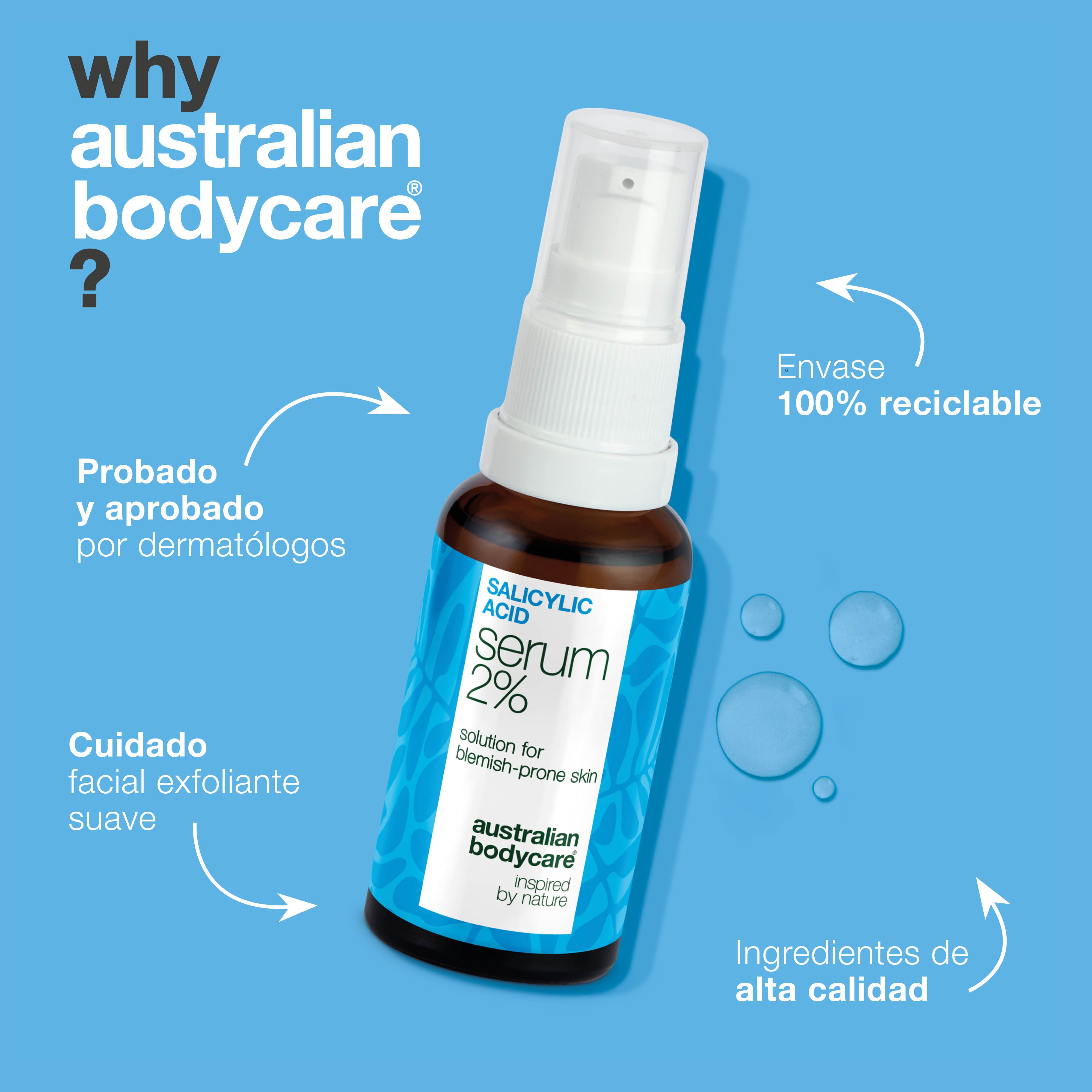 Suero ácido salicílico 2% ideal para piel con brotes y poros tapados. Contiene Zinc PCA, extracto de té verde, ácido hialurónico y glicerina.