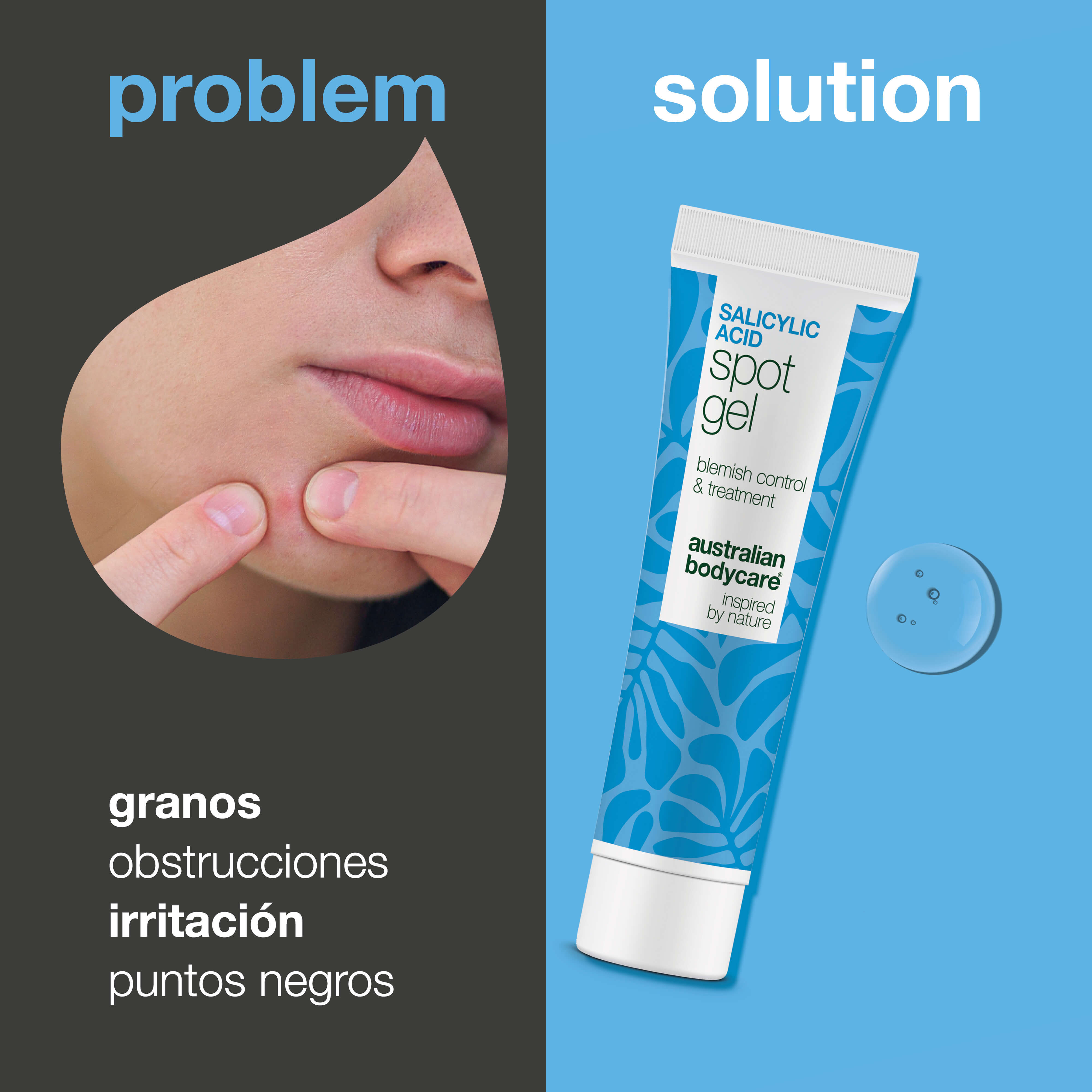 Gel Antigranos con Ácido Salicílico para impurezas y poros — Gel Antigranos con Ácido Salicílico purifica y equilibra la piel. Elimina grasa y células muertas con ácido salicílico.