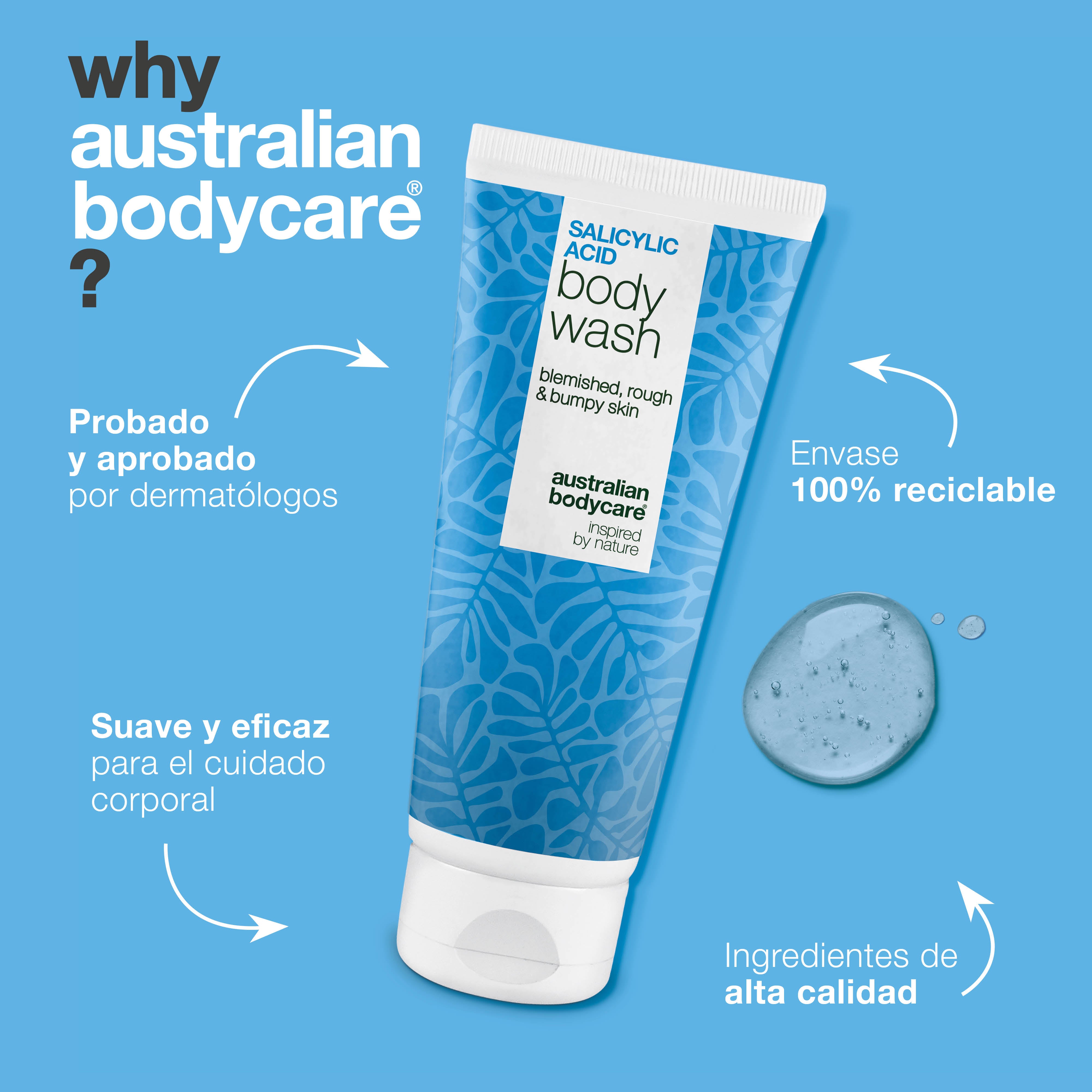 Gel de ducha con ácido salicílico para mejorar granos y textura corporal. Fórmula con ácido salicílico, niacinamida, zinc PCA y glicerina.