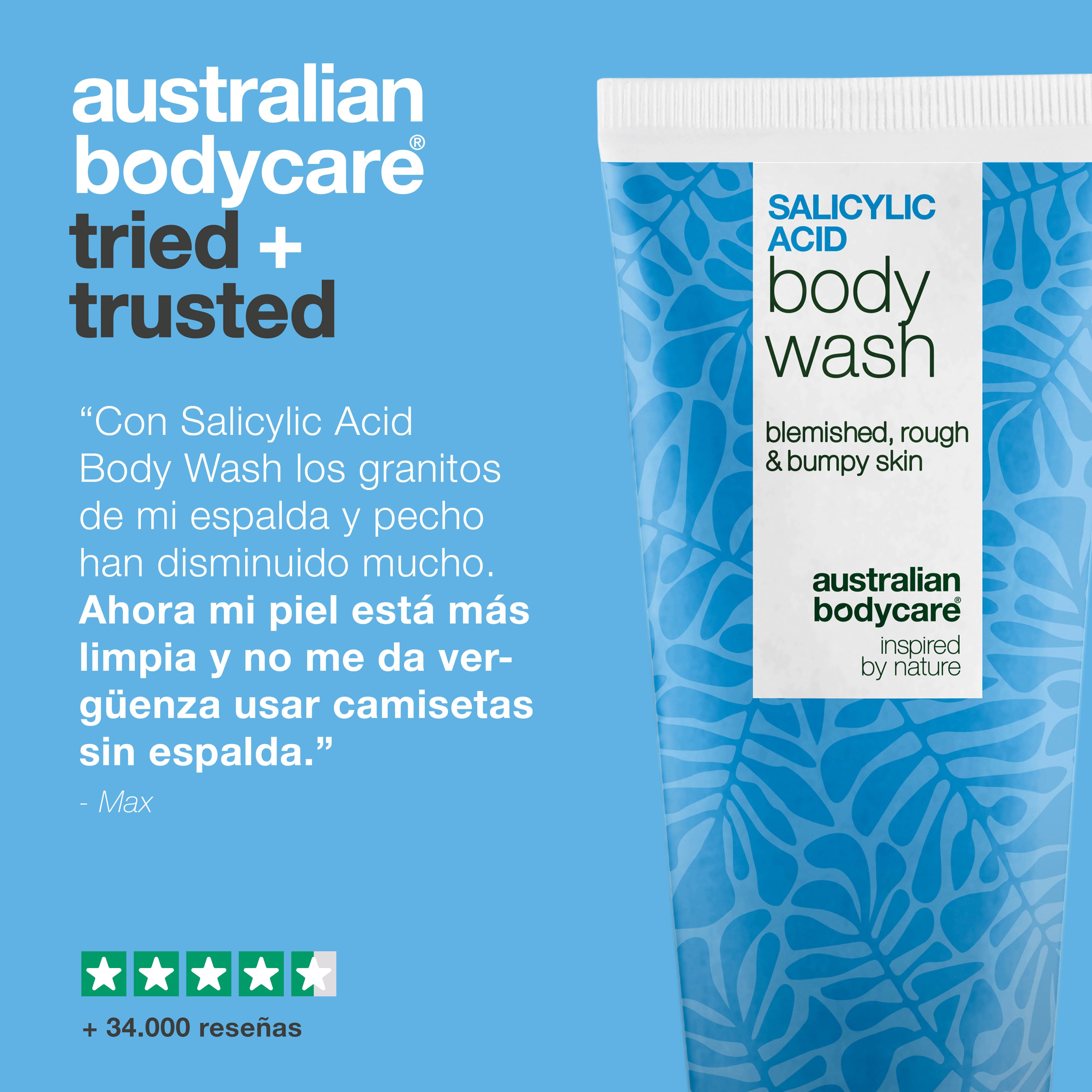 Gel de ducha con ácido salicílico para mejorar granos y textura corporal. Fórmula con ácido salicílico, niacinamida, zinc PCA y glicerina.