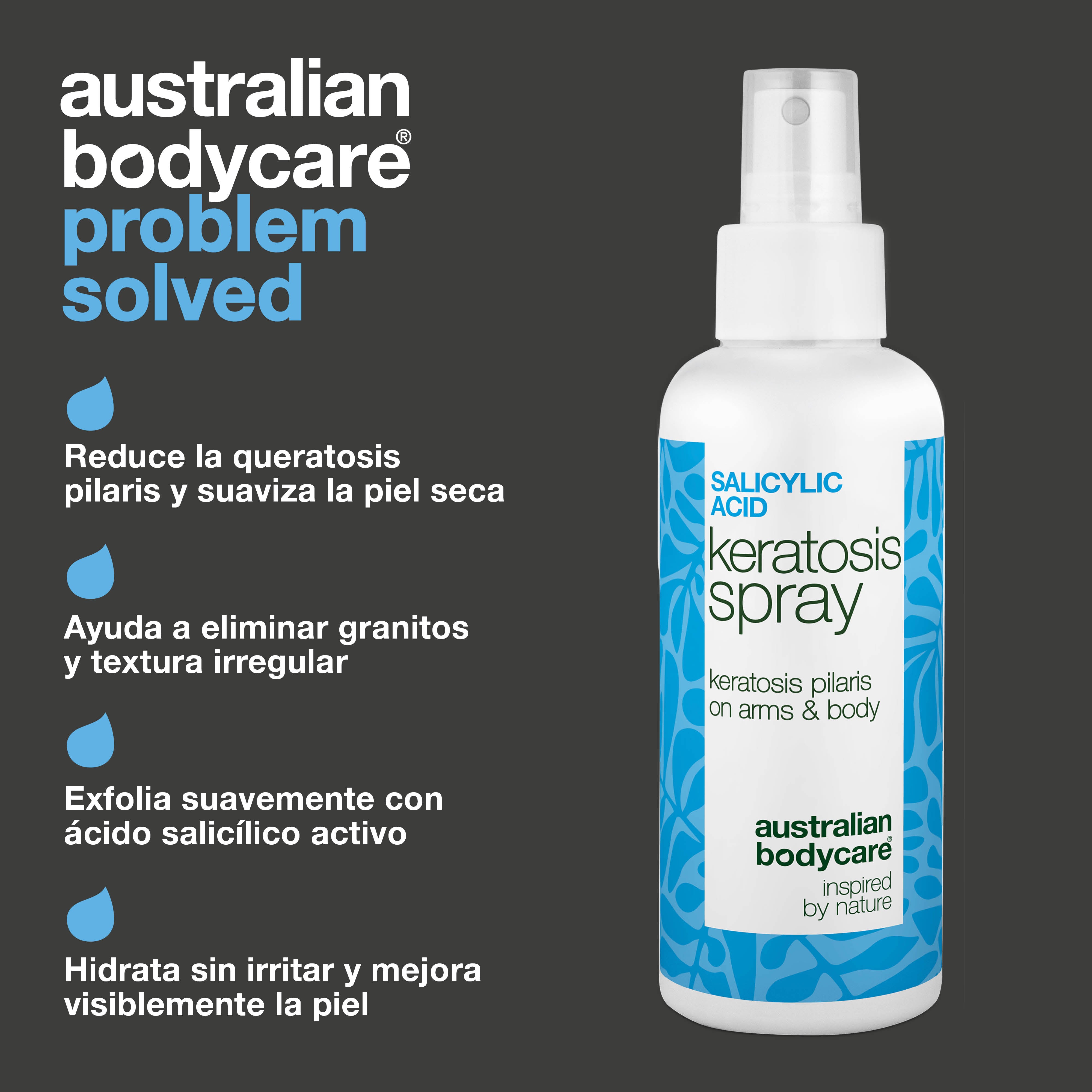 Spray queratosis pilaris para piel áspera y granitos — Keratosis pilaris spray suaviza piel áspera y granitos. Contiene ácido salicílico para exfoliar y limpiar los poros.