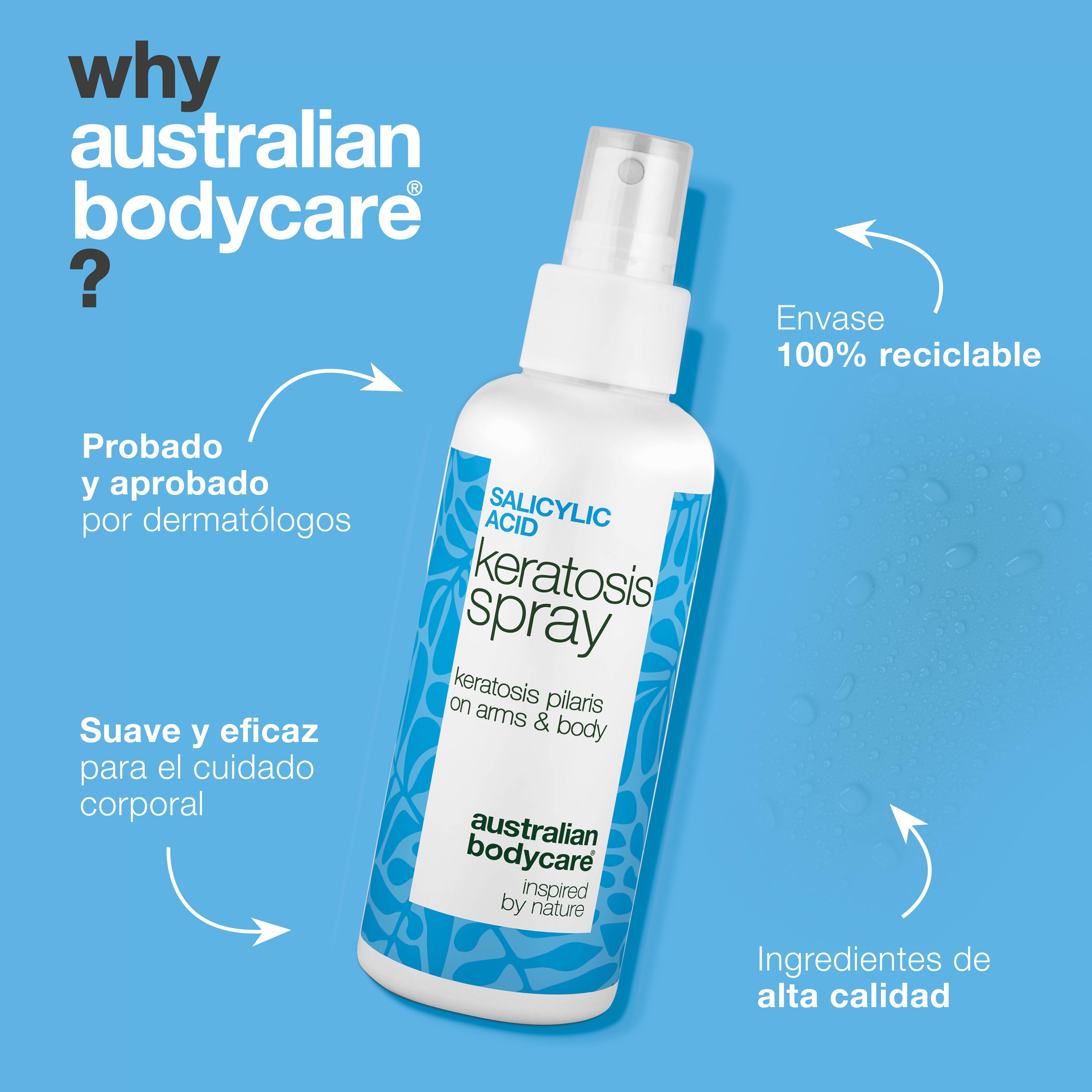 Spray queratosis pilaris para piel áspera y granitos — Keratosis pilaris spray suaviza piel áspera y granitos. Contiene ácido salicílico para exfoliar y limpiar los poros.