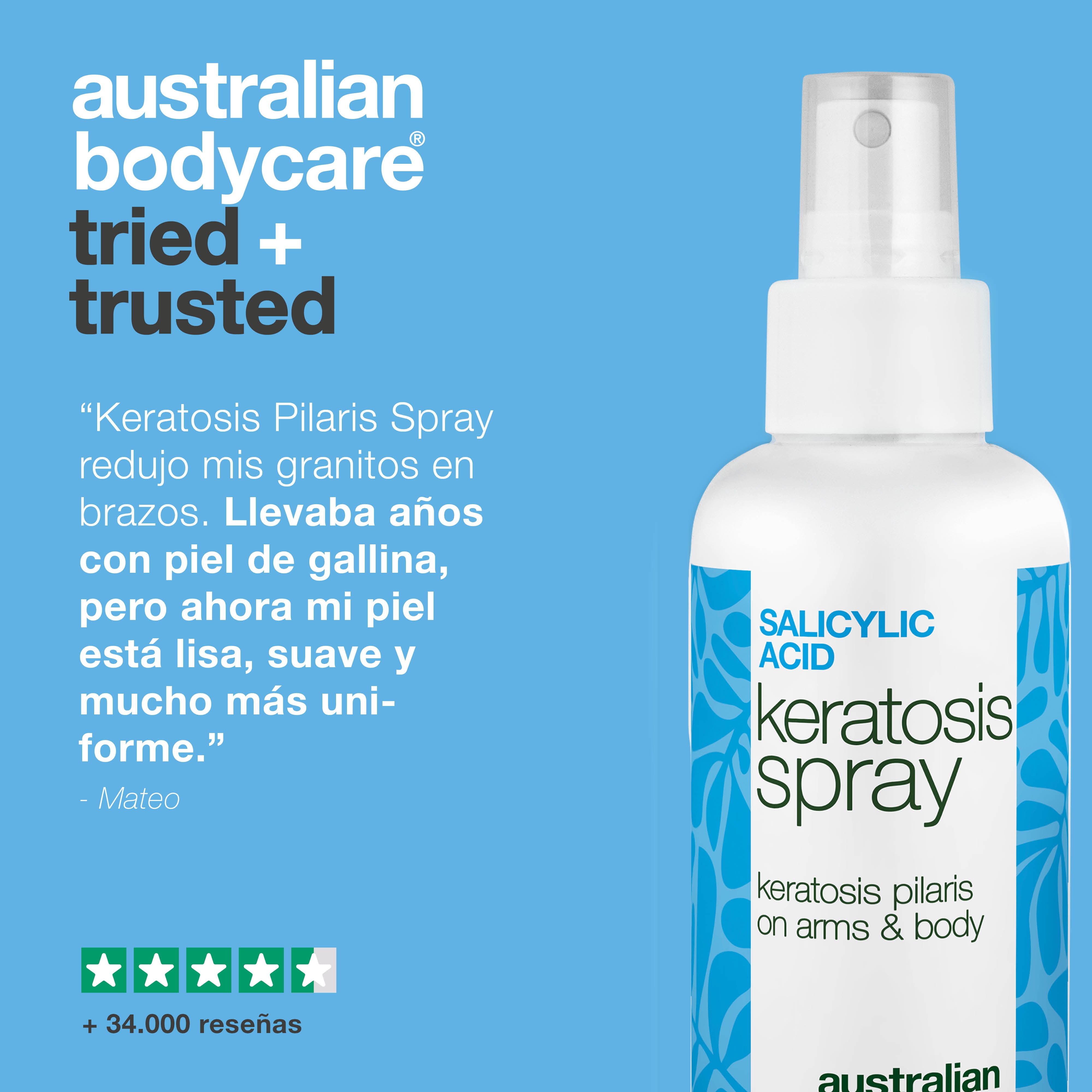 Spray queratosis pilaris para piel áspera y granitos — Keratosis pilaris spray suaviza piel áspera y granitos. Contiene ácido salicílico para exfoliar y limpiar los poros.