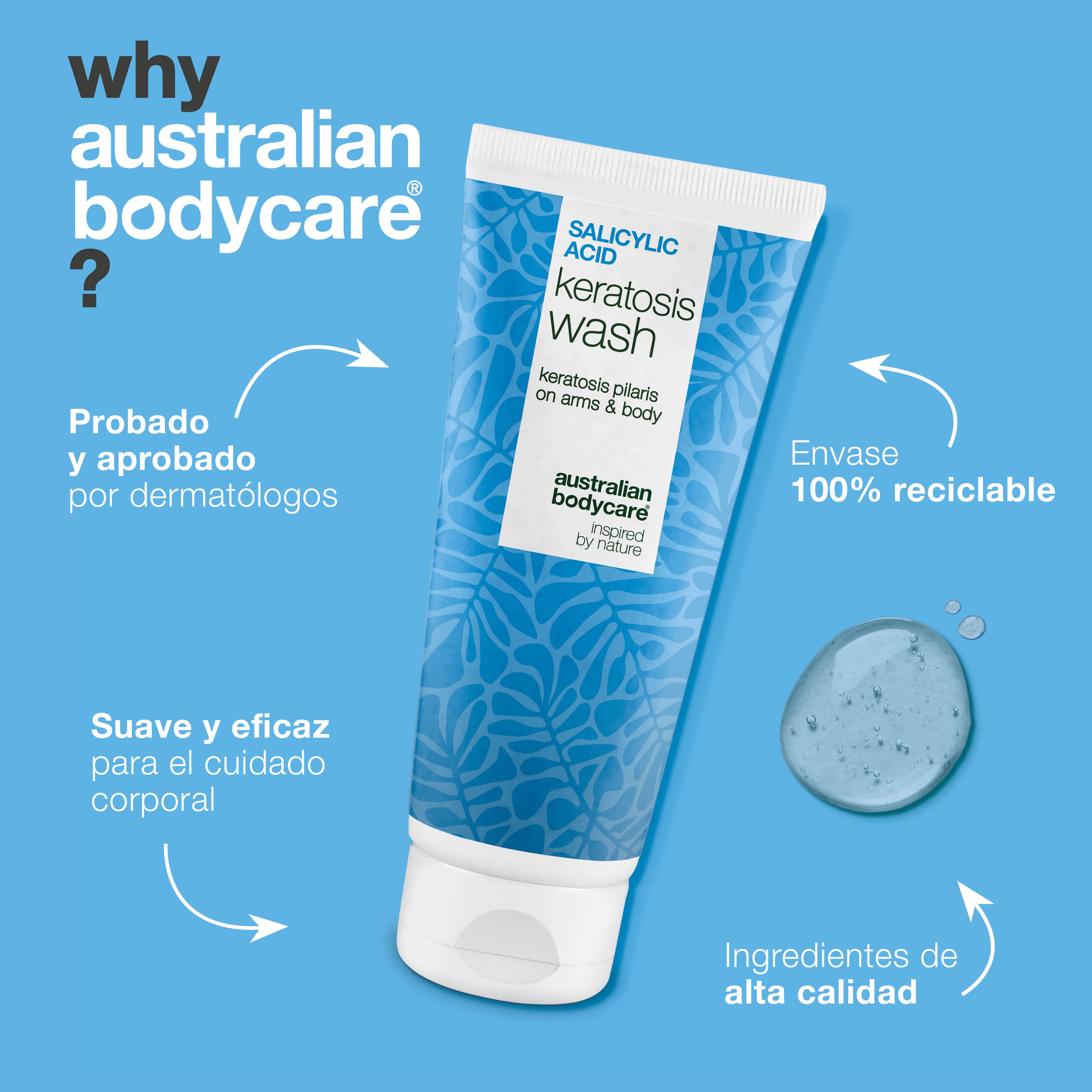 Keratosis Pilaris Body Wash contra la queratosis pilaris, poros obstruidos y rojeces. Con ácido salicílico, niacinamida, zinc PCA y vitamina E.