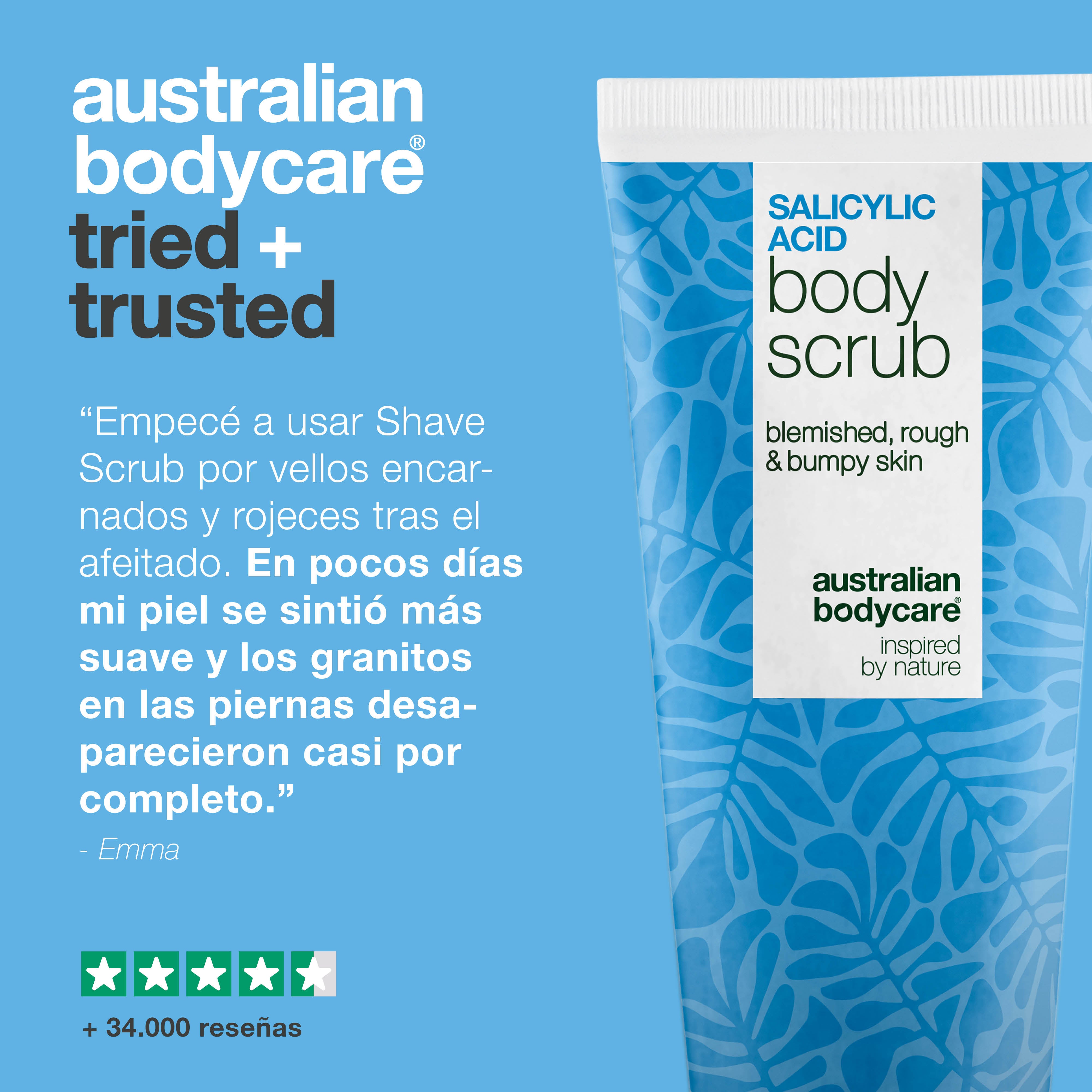 Shave Scrub deja la piel lisa y calmada tras el afeitado. Reduce vellos encarnados y rojeces. Ingredientes clave: Ácido salicílico, Ácido glicólico, Glicerina, Alantoína.