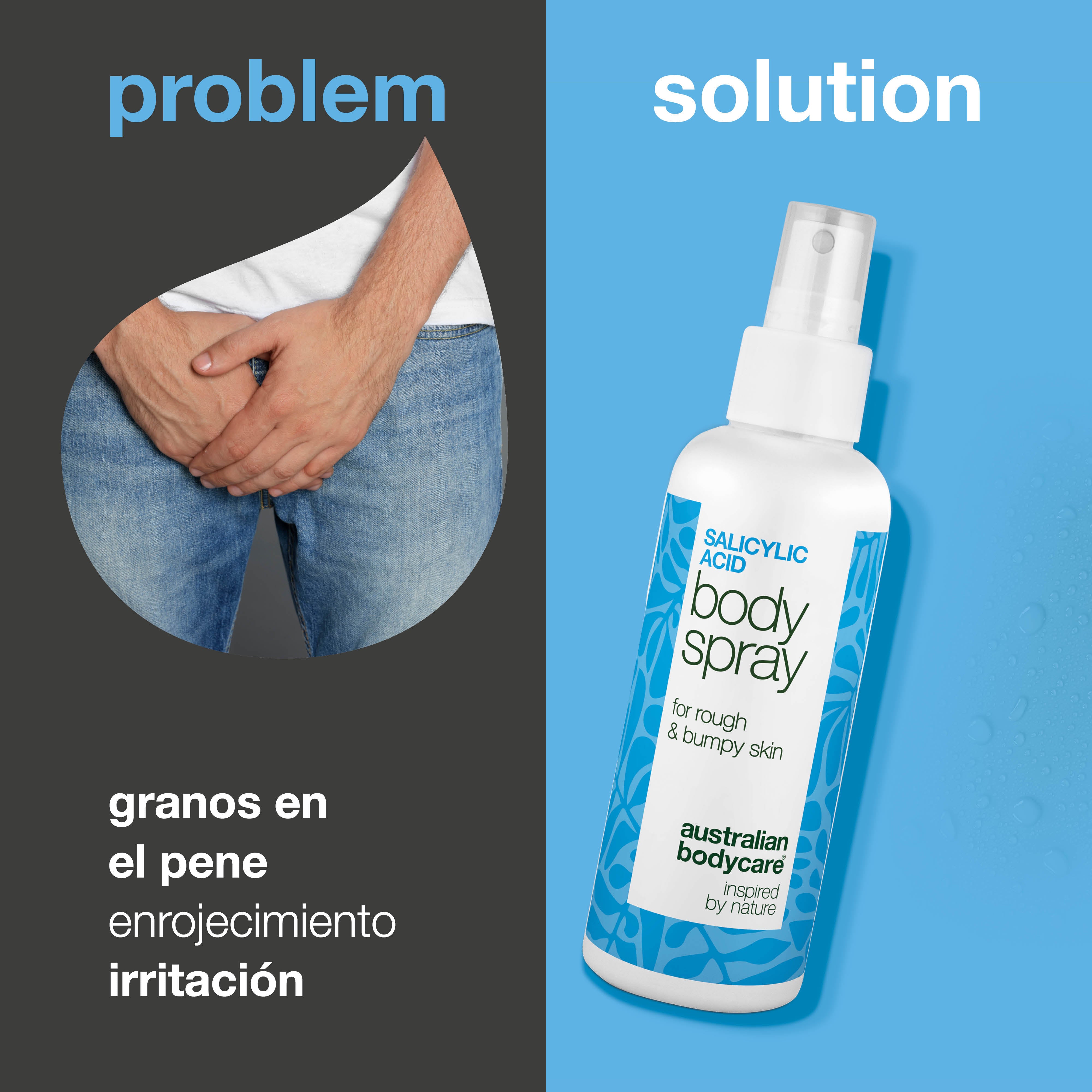 Spray para granos en el pene limpia los poros y previene nuevos brotes. Con ácido salicílico, ácido glicólico, glicerina, pantenol y zinc.