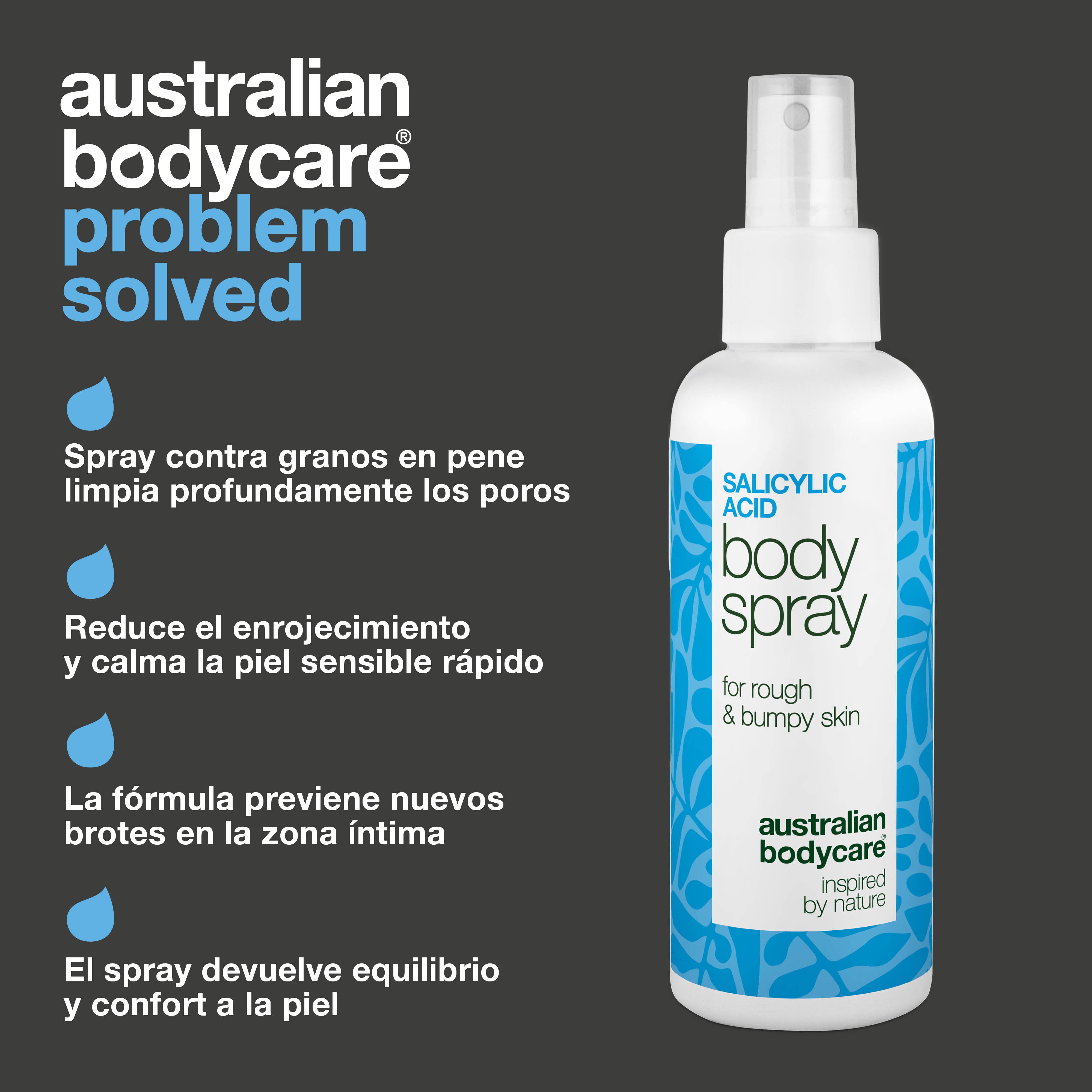 Spray para granos en el pene limpia los poros y previene nuevos brotes. Con ácido salicílico, ácido glicólico, glicerina, pantenol y zinc.