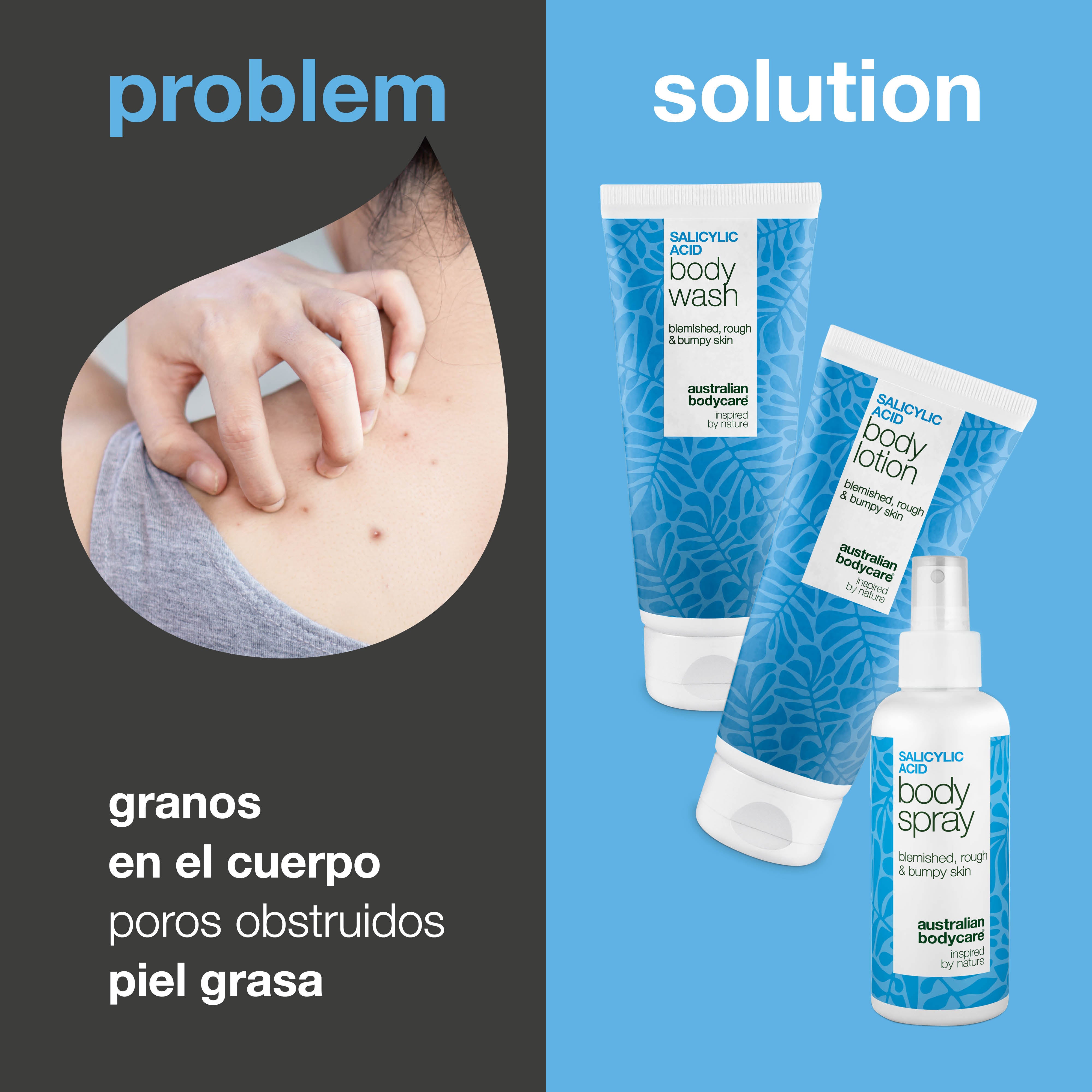 Tratamiento corporal para granos – rutina 3 pasos con ácido salicílico — Pack contra granos e impurezas. Limpia poros con ácido salicílico, niacinamida y zinc para una piel más lisa y equilibrada.