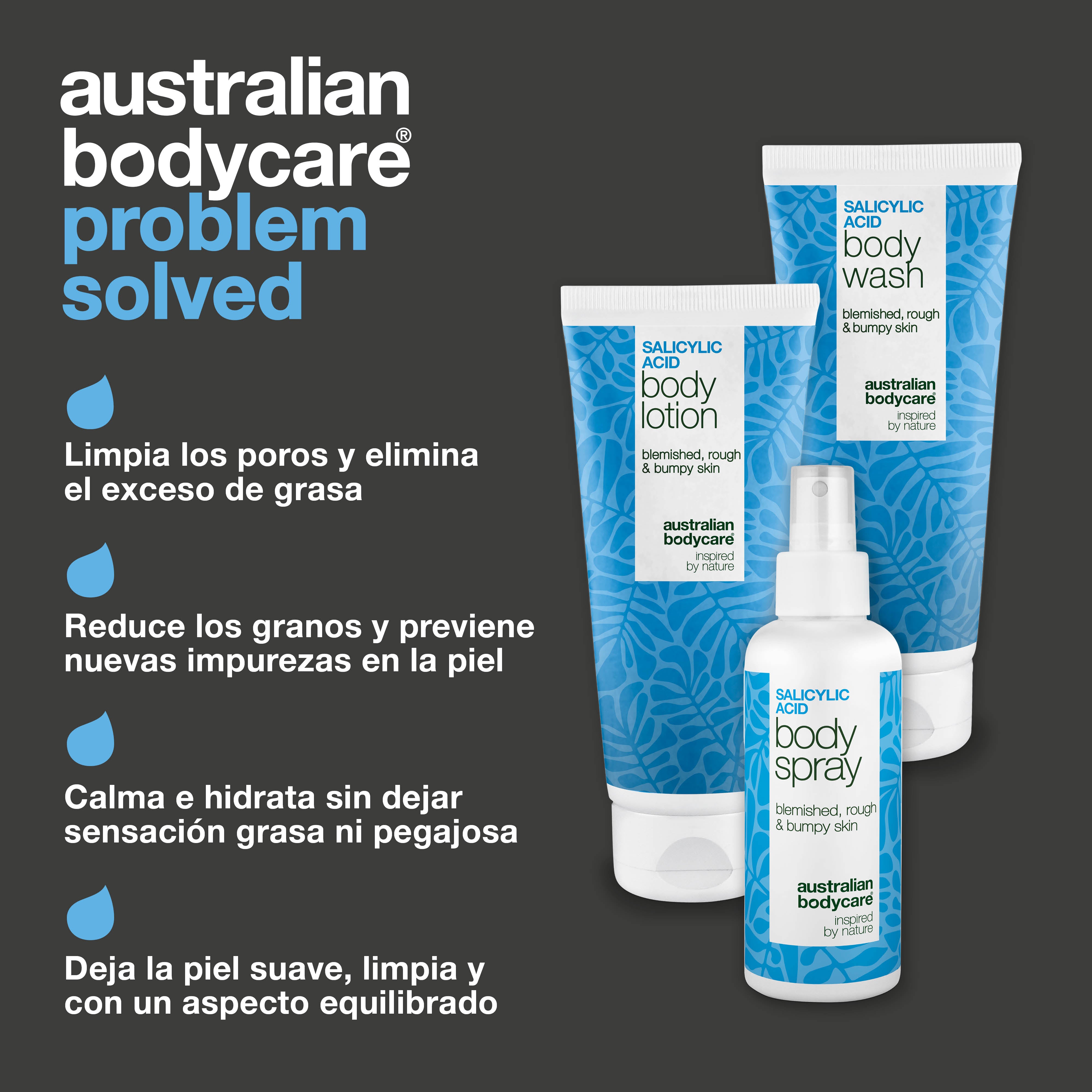 Tratamiento corporal para granos – rutina 3 pasos con ácido salicílico — Pack contra granos e impurezas. Limpia poros con ácido salicílico, niacinamida y zinc para una piel más lisa y equilibrada.