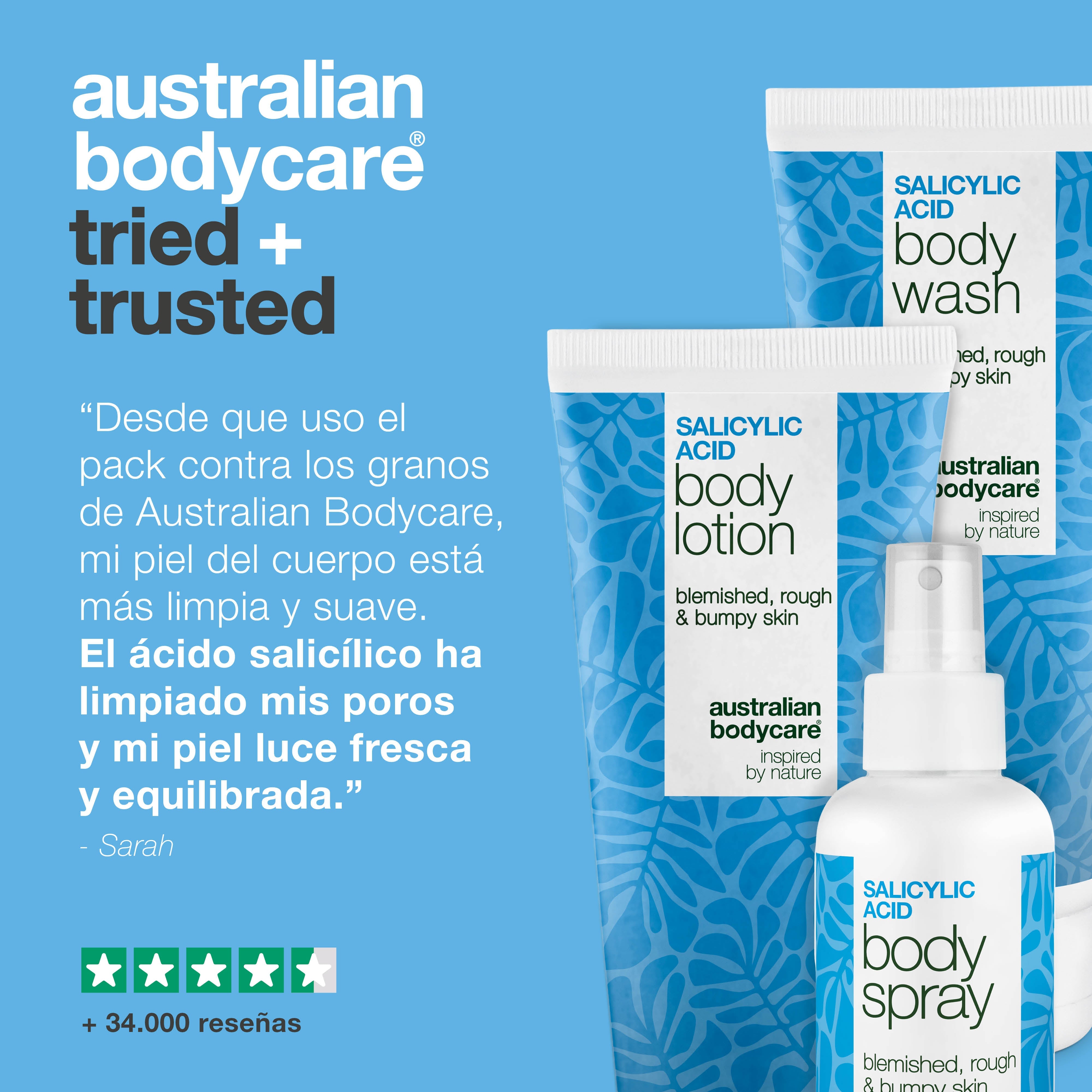 Tratamiento corporal para granos – rutina 3 pasos con ácido salicílico — Pack contra granos e impurezas. Limpia poros con ácido salicílico, niacinamida y zinc para una piel más lisa y equilibrada.