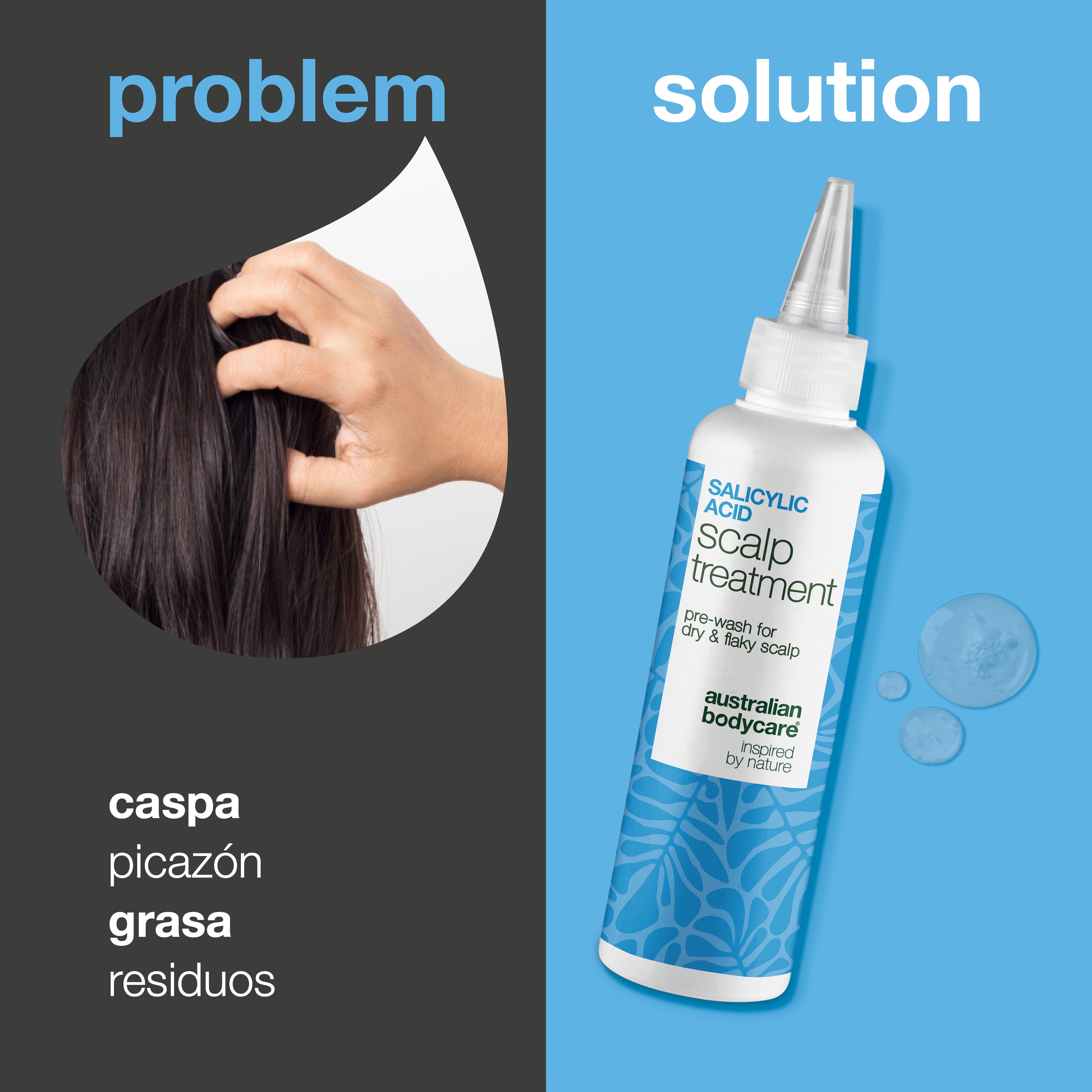 Tratamiento con ácido salicílico para caspa, picor y cuero cabelludo graso — Tratamiento con ácido salicílico para cuero cabelludo con caspa, picor y grasa. Exfolia suave y equilibra antes del lavado.