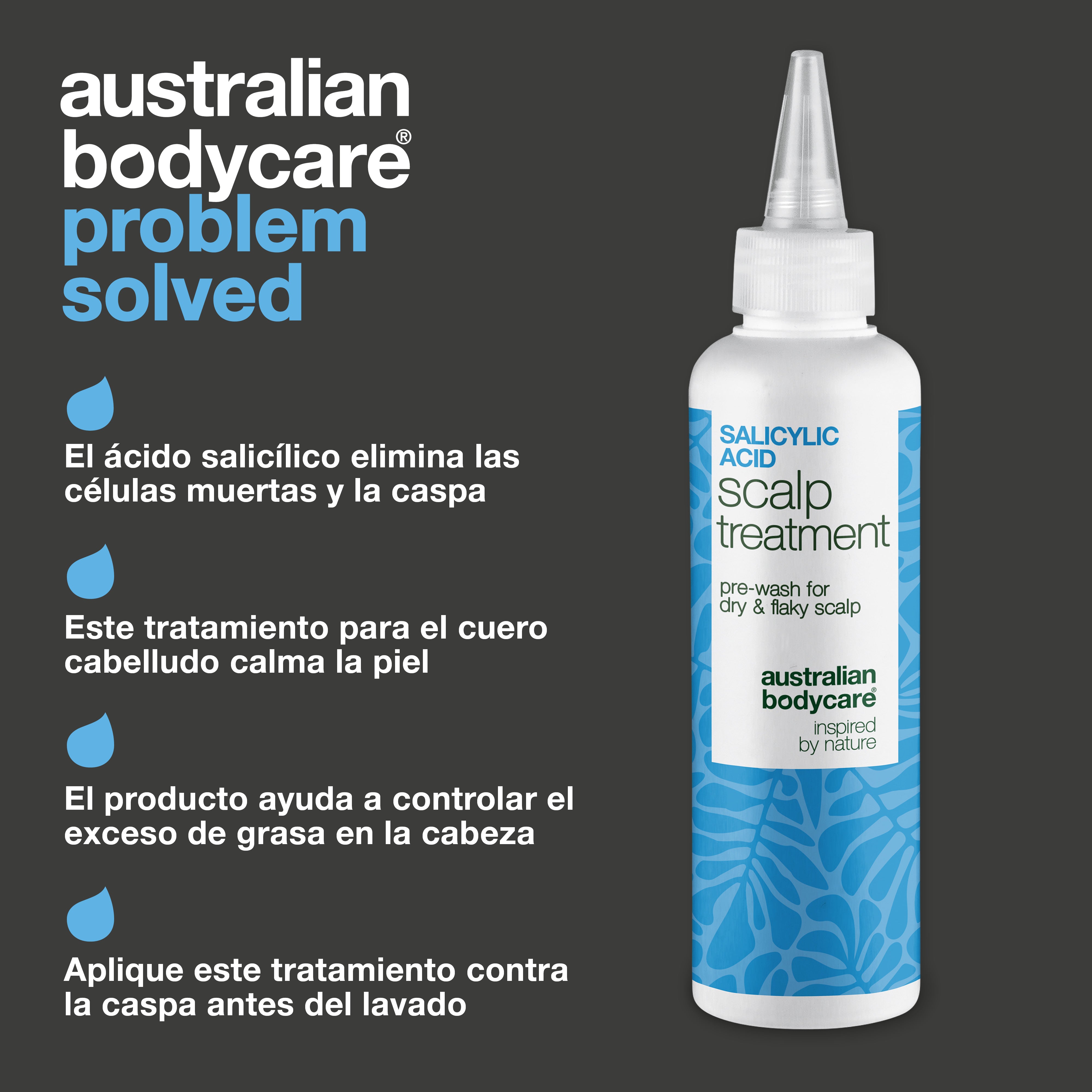 Tratamiento con ácido salicílico para caspa, picor y cuero cabelludo graso — Tratamiento con ácido salicílico para cuero cabelludo con caspa, picor y grasa. Exfolia suave y equilibra antes del lavado.
