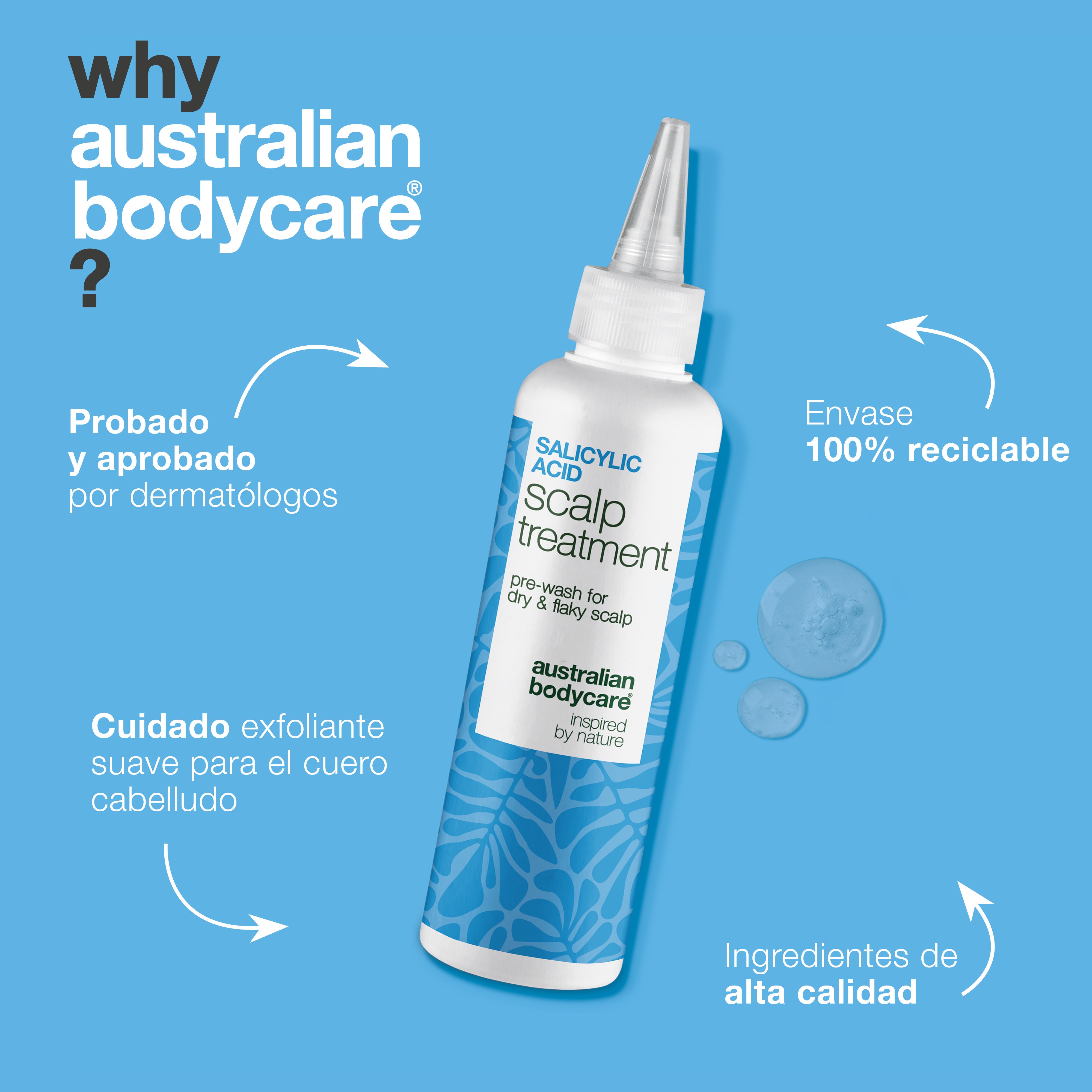 Tratamiento con ácido salicílico para caspa, picor y cuero cabelludo graso — Tratamiento con ácido salicílico para cuero cabelludo con caspa, picor y grasa. Exfolia suave y equilibra antes del lavado.