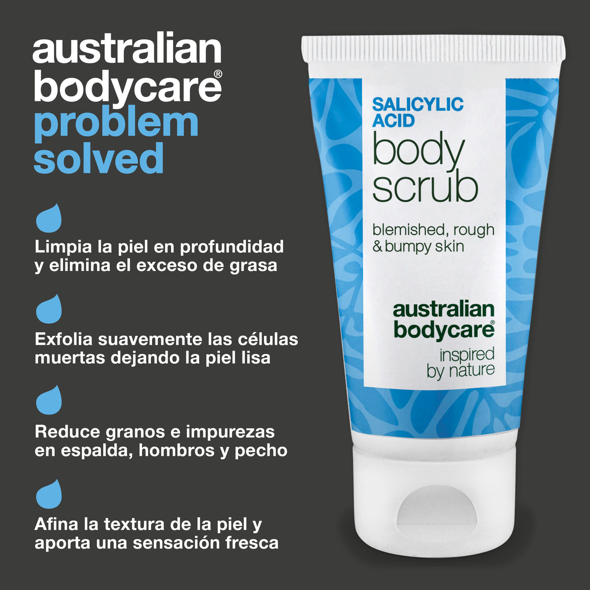 El Salicylic Acid Body Scrub limpia la piel en profundidad y elimina el exceso de grasa, retira las células muertas, reduce los granitos en espalda, hombros y pecho y suaviza la piel áspera