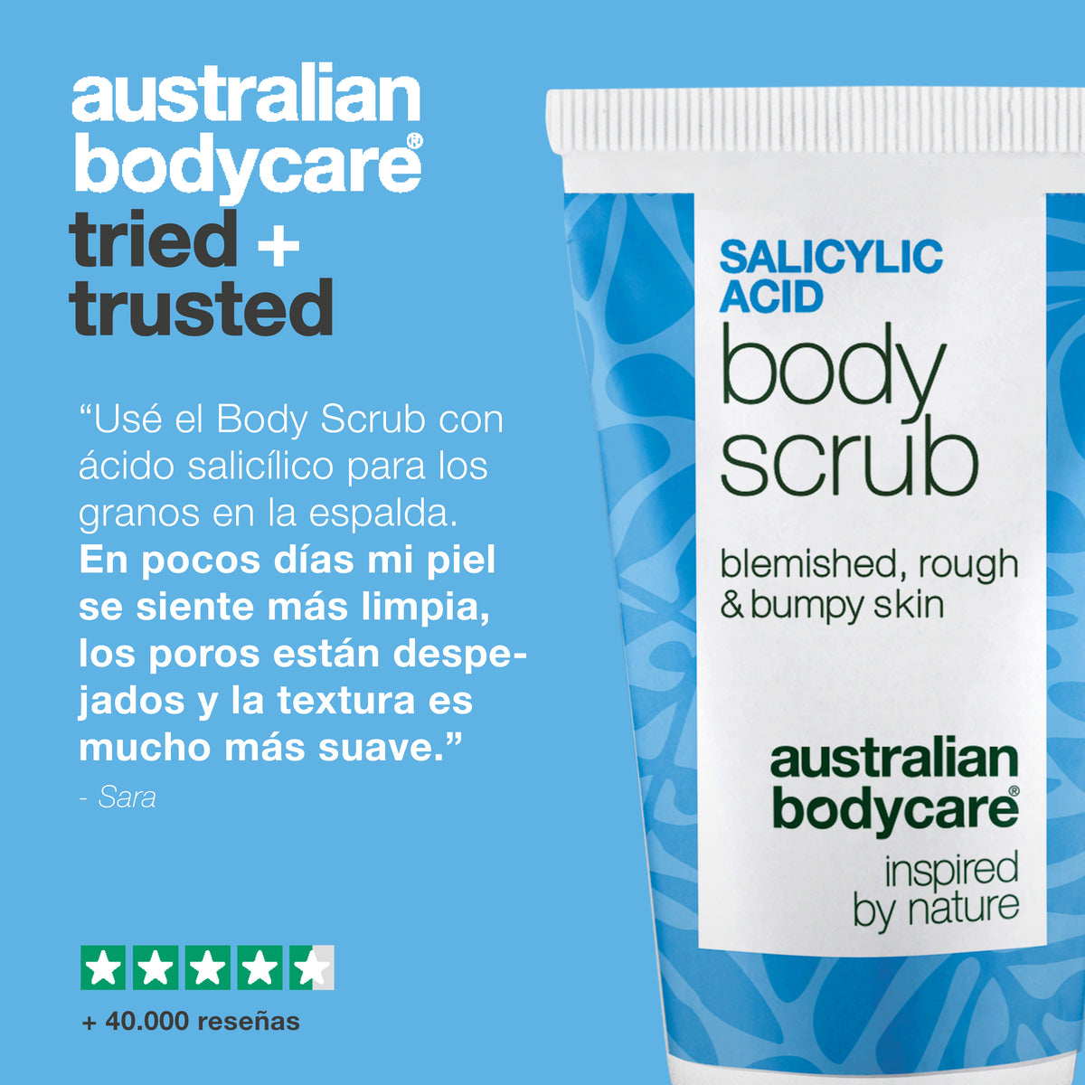 Reseña de cliente del Salicylic Acid Body Scrub: los granitos han desaparecido, los poros se sienten más limpios y la piel se ve más suave y uniforme — Sara. 4,5 de 5 estrellas y más de 40.000 reseñas