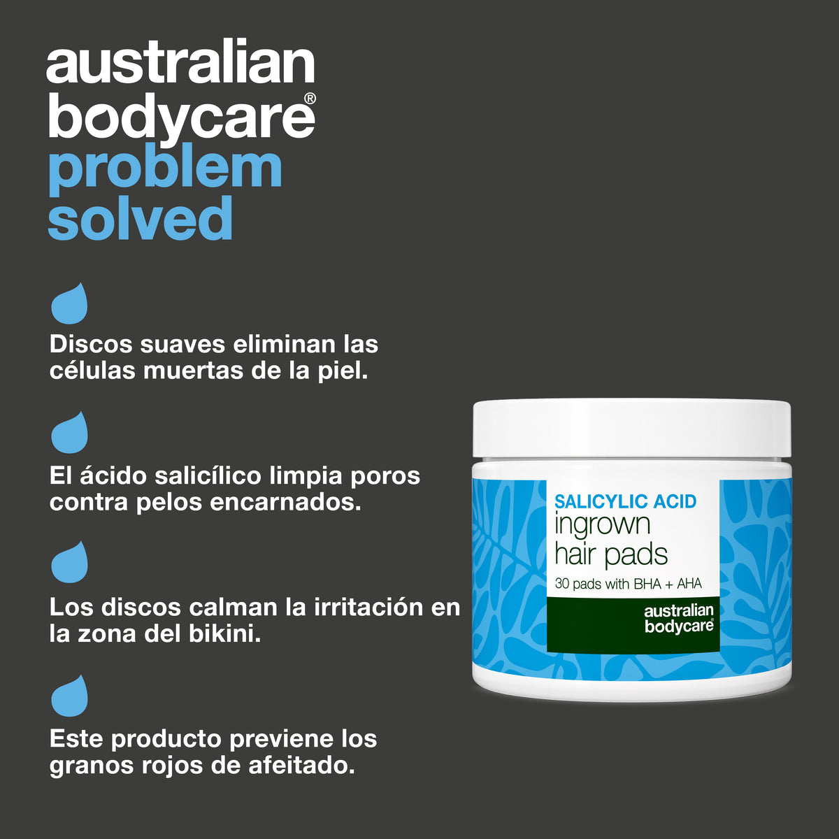 Discos con ácido salicílico de Australian Bodycare con cuatro ventajas indicadas: eliminan las células muertas tras el afeitado, limpian en profundidad los folículos pilosos, calman las rojeces de la línea del biquini y combaten los granitos rojos del afeitado en las piernas.