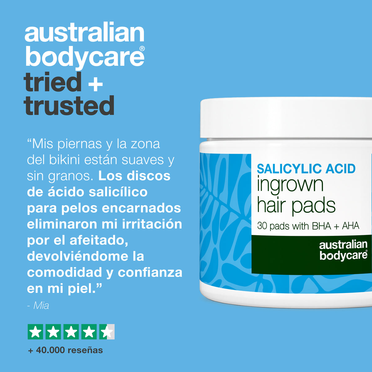 Reseña de un cliente sobre los discos con ácido salicílico de Australian Bodycare contra los pelos encarnados, con una valoración de cuatro estrellas y media y más de 40.000 reseñas.