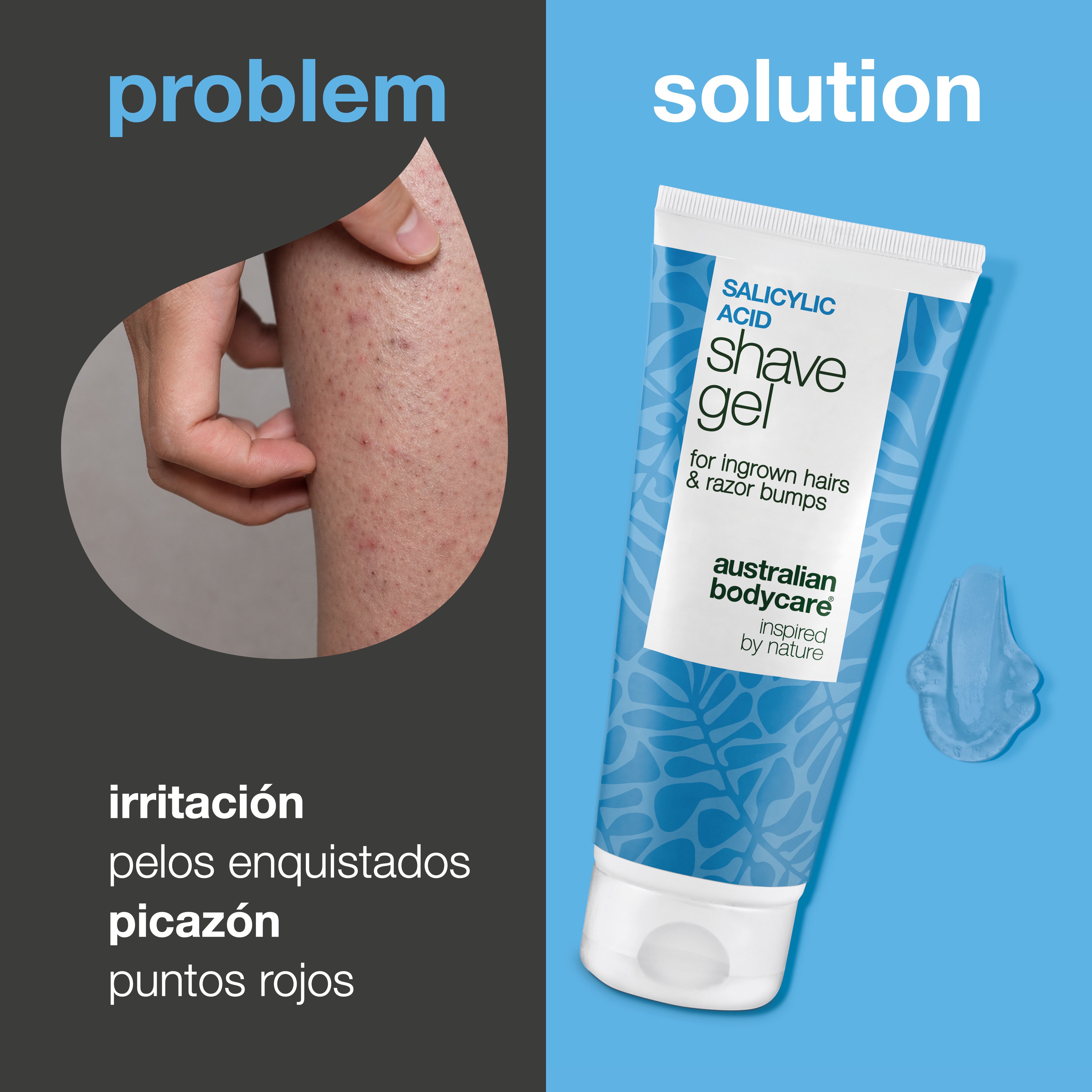Gel de Afeitado Ácido Salicílico – Anti pelos encarnados — Gel de afeitado con ácido salicílico contra pelos encarnados y picor. Con glicerina y pantenol para un afeitado sin irritaciones.