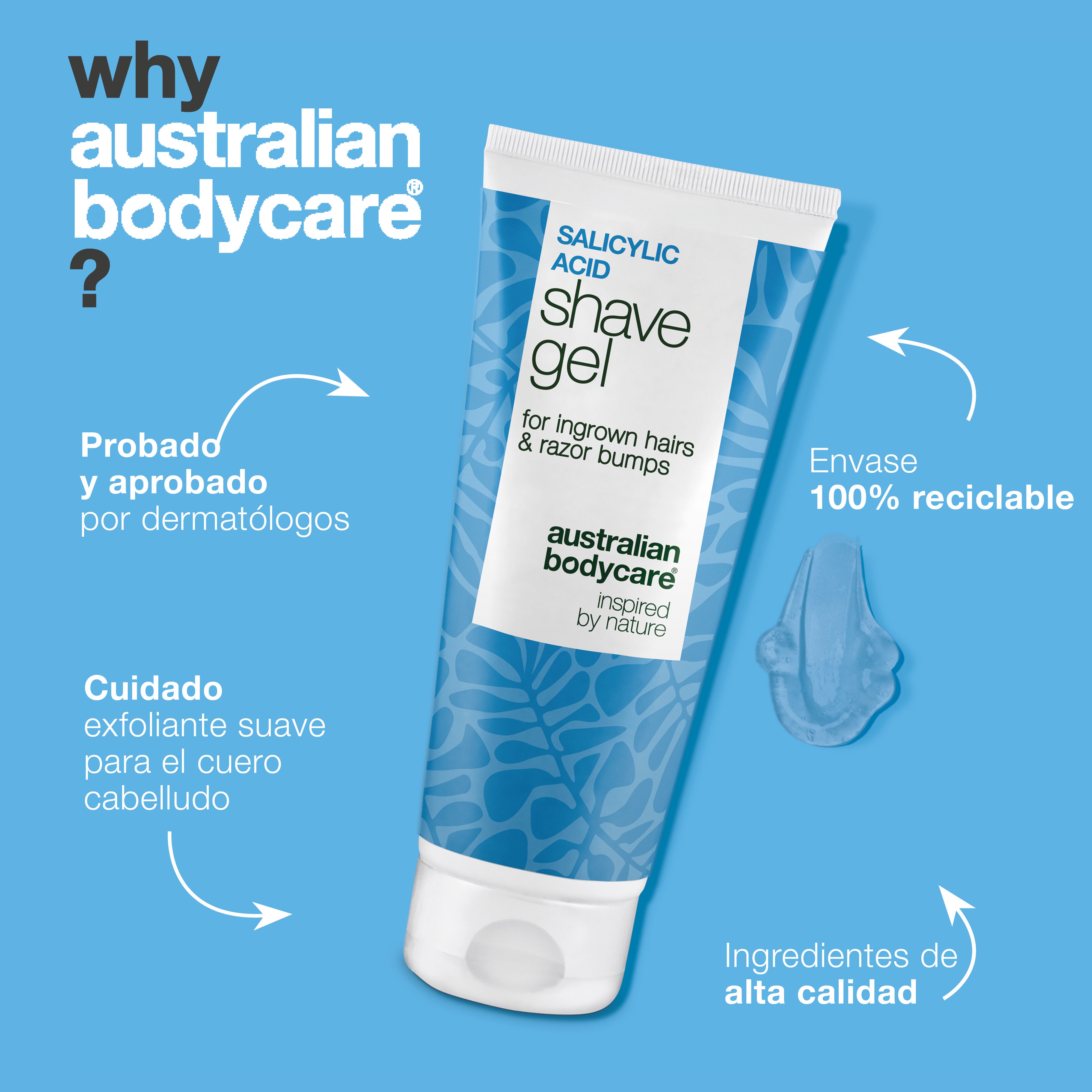 Gel de Afeitado Ácido Salicílico – Anti pelos encarnados — Gel de afeitado con ácido salicílico contra pelos encarnados y picor. Con glicerina y pantenol para un afeitado sin irritaciones.