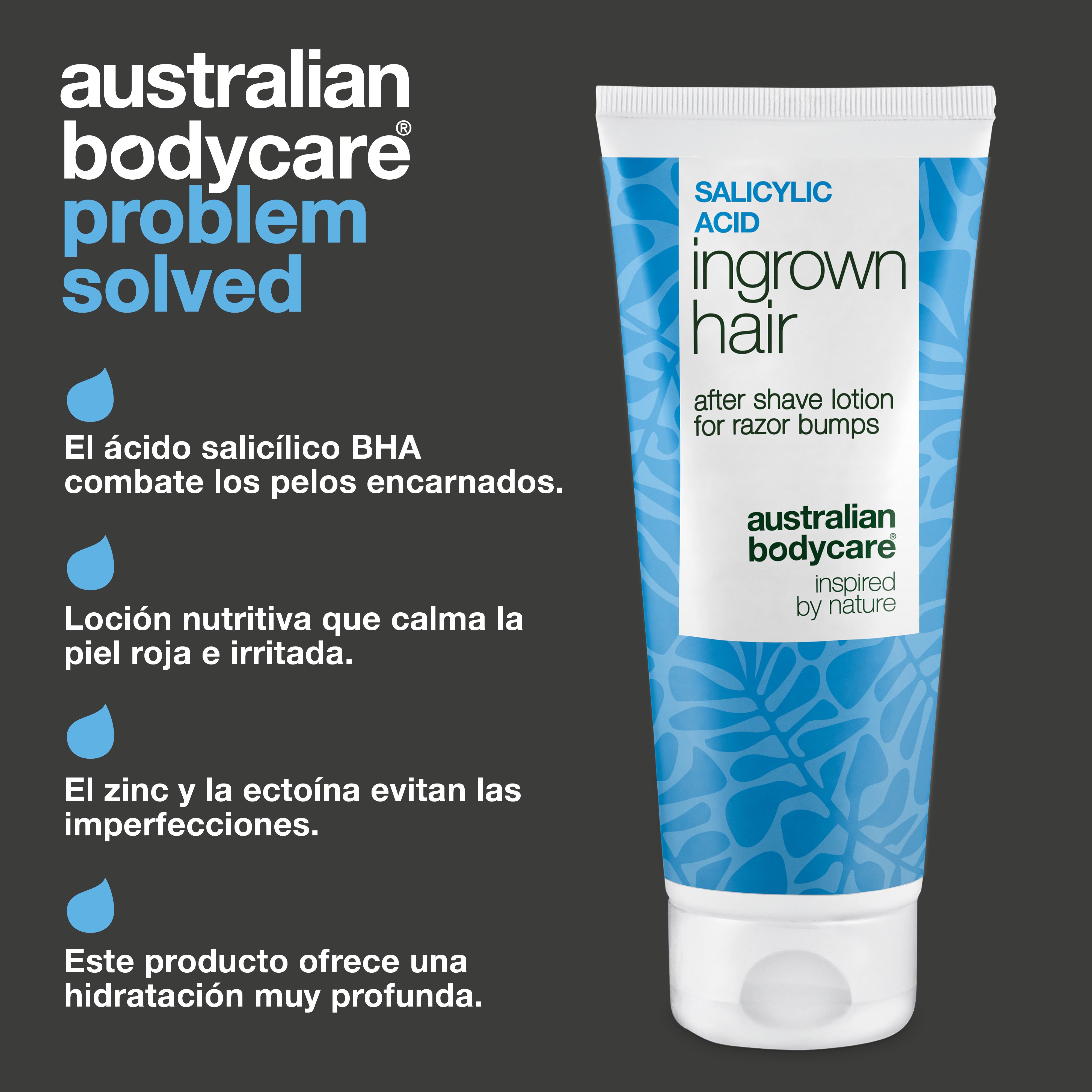 Australian Bodycare Loción After Shave con Ácido Salicílico para pelos encarnados, granitos, imperfecciones e irritación. La fórmula con ácido salicílico BHA, zinc y ectoína aporta además una hidratación intensa después del afeitado.