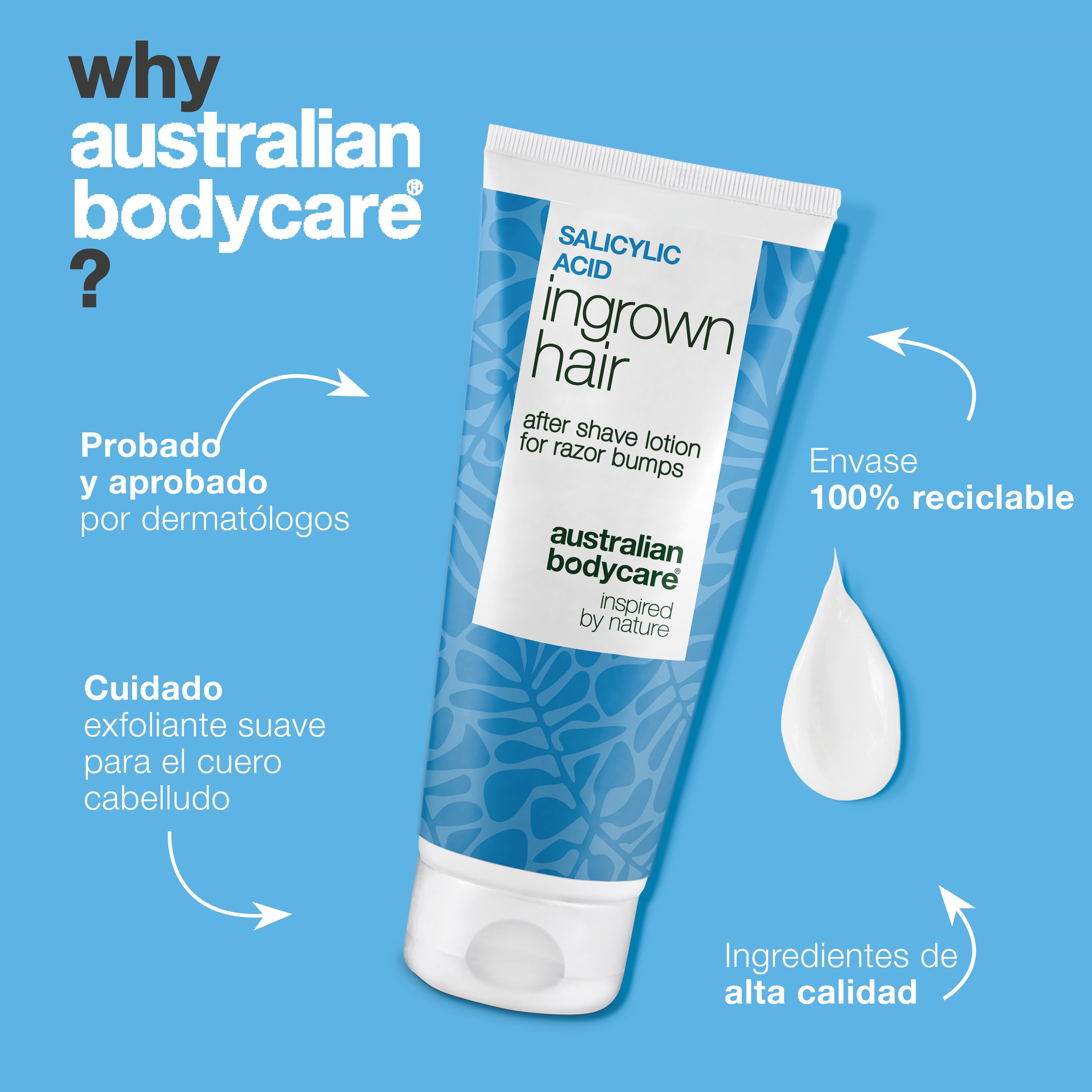 Australian Bodycare Loción After Shave con Ácido Salicílico en envase reciclable. Cuidado corporal dermatológicamente testado, suave y eficaz, formulado con ingredientes de alta calidad.