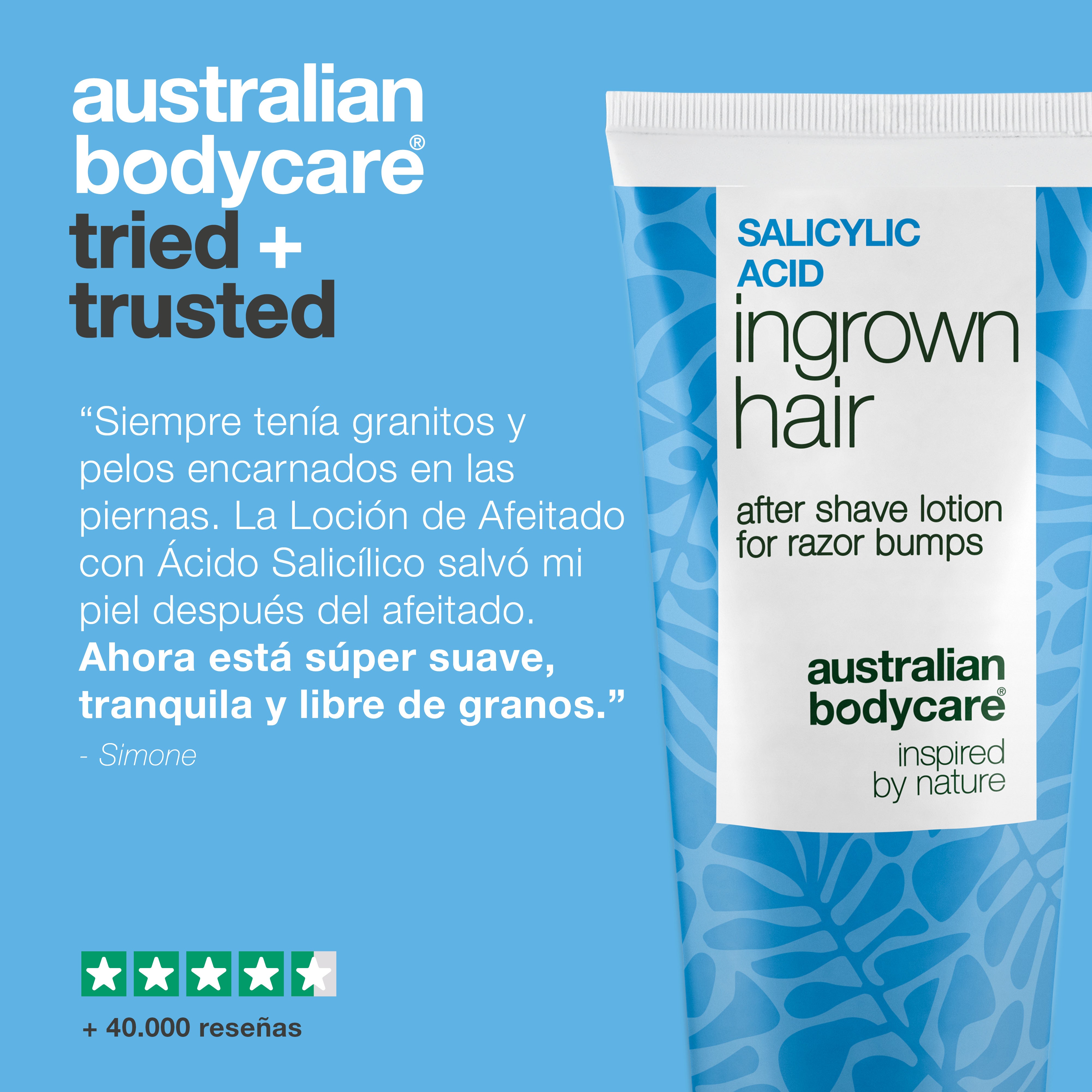 Australian Bodycare Loción After Shave con Ácido Salicílico para pelos encarnados y granitos rojos. La imagen muestra el producto junto a una reseña de cliente sobre una piel más suave y calmada después del afeitado, además de más de 40.000 opiniones.
