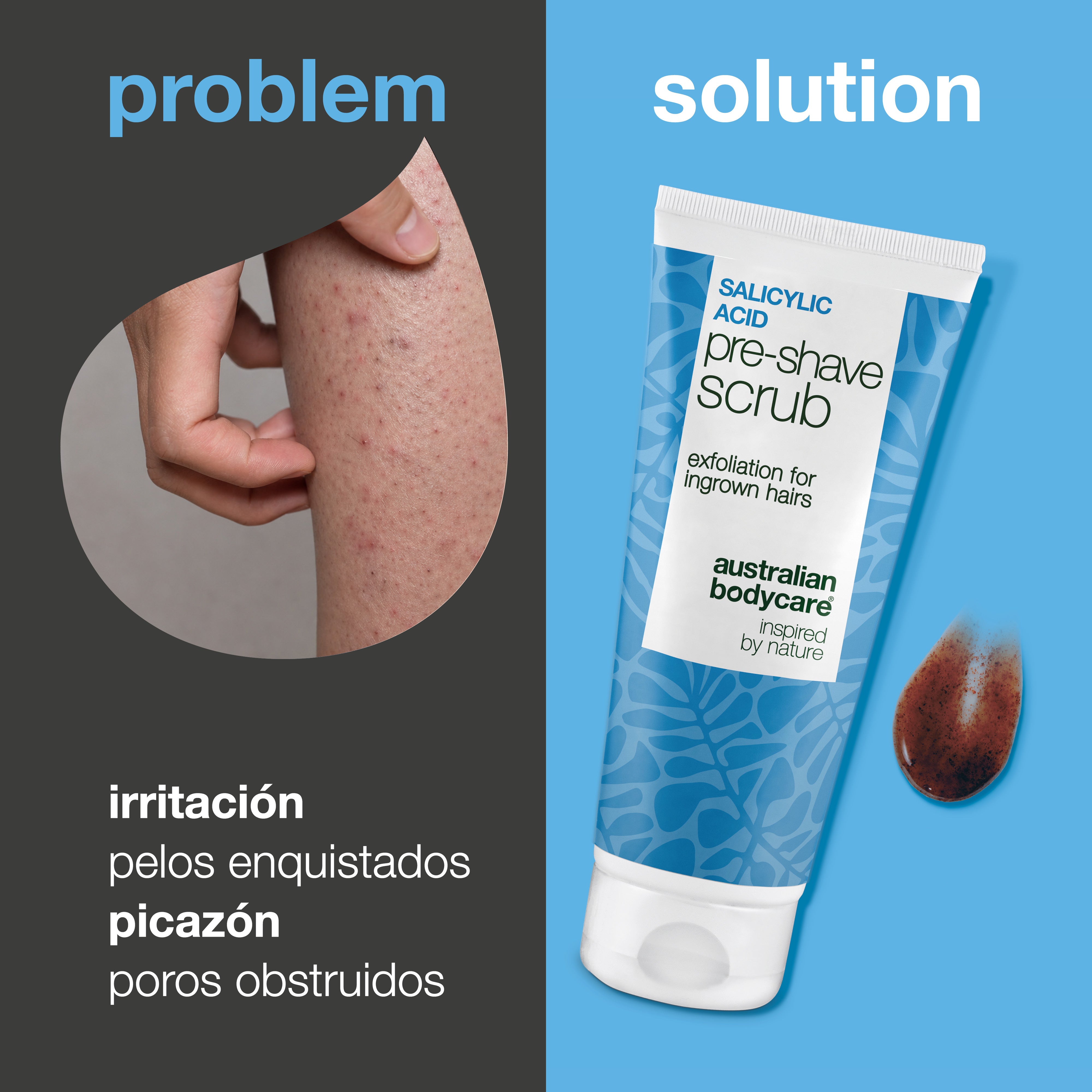 Exfoliante Pre-afeitado Ácido Salicílico: Pelos Encarnados — Exfoliante Pre-afeitado con Ácido Salicílico contra pelos encarnados e irritación. Afeitado suave sin picazón. Con Ácido Salicílico y AHA.