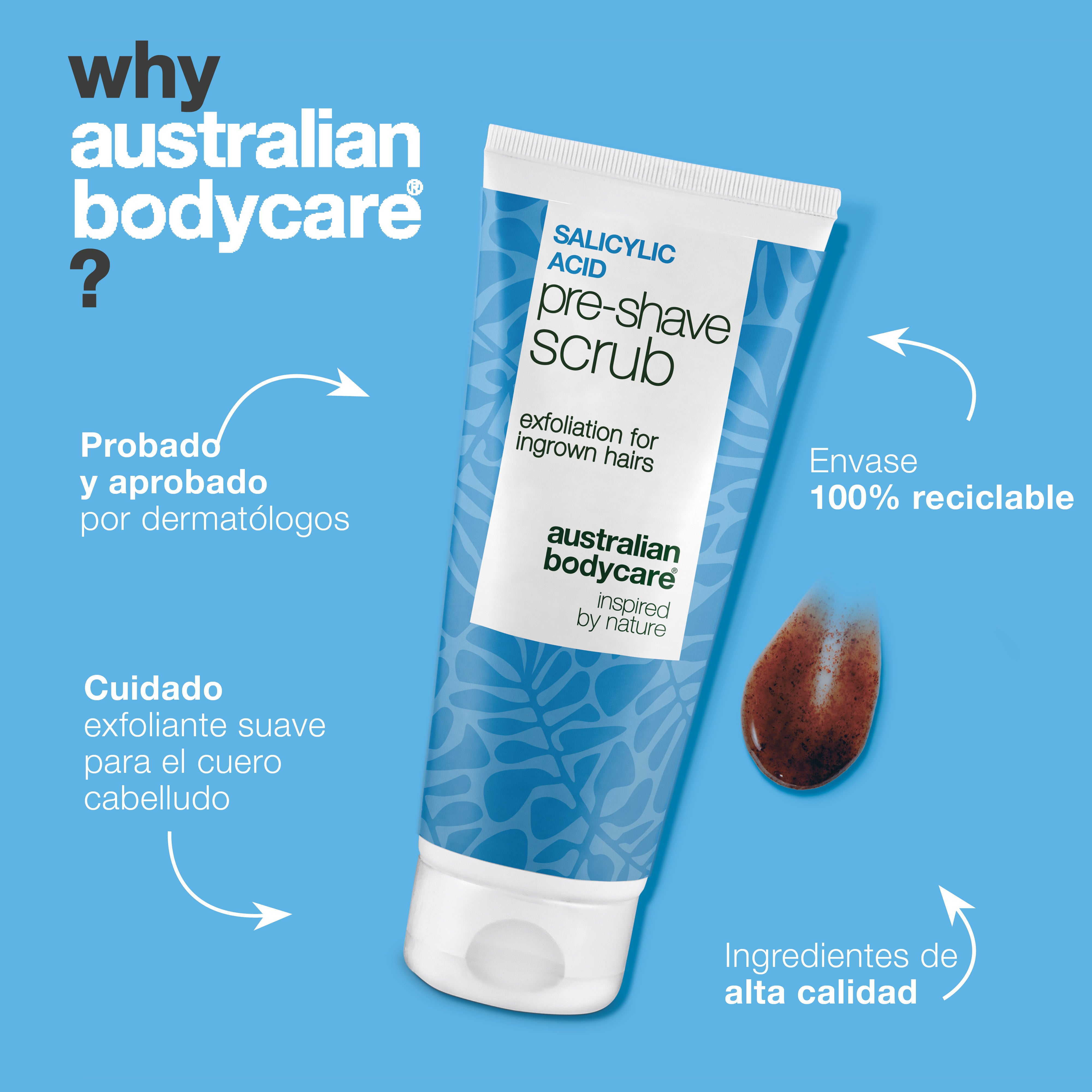Exfoliante Pre-afeitado Ácido Salicílico: Pelos Encarnados — Exfoliante Pre-afeitado con Ácido Salicílico contra pelos encarnados e irritación. Afeitado suave sin picazón. Con Ácido Salicílico y AHA.