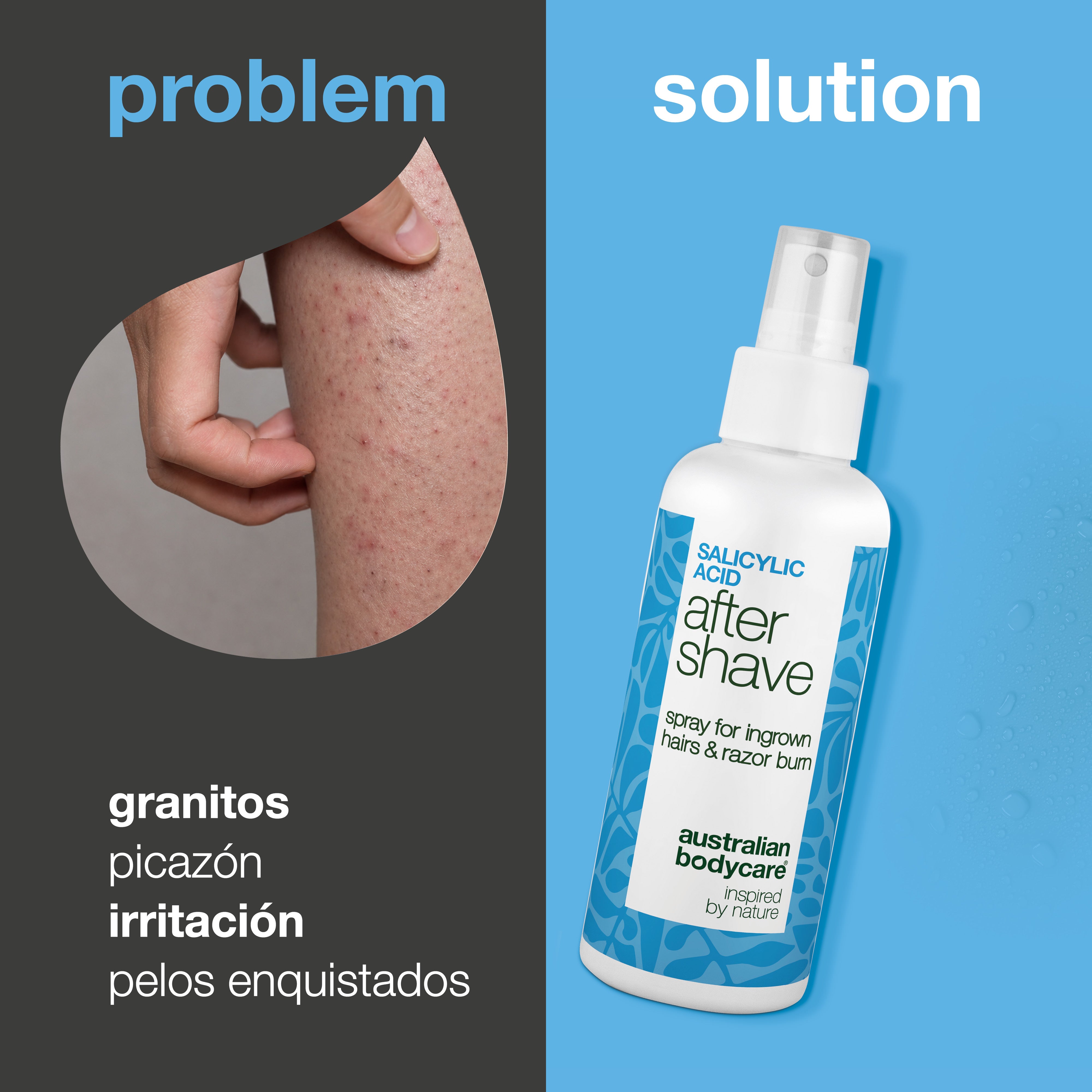 Spray After Shave Ácido Salicílico contra irritaciones — Spray After Shave contra vellos encarnados e irritación. Calma el picor con Ácido Salicílico y Aloe Vera para un acabado suave.