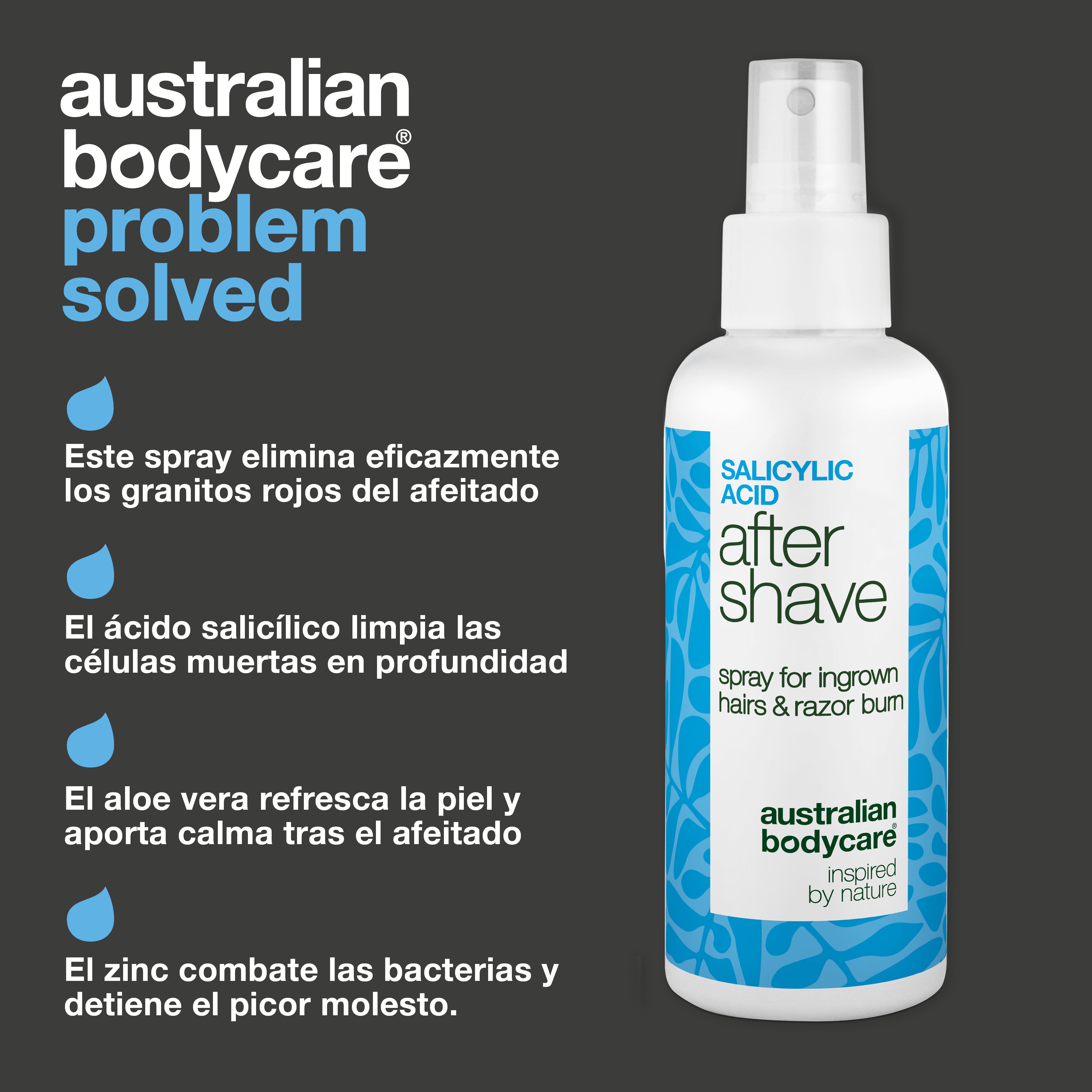 Spray After Shave Ácido Salicílico contra irritaciones — Spray After Shave contra vellos encarnados e irritación. Calma el picor con Ácido Salicílico y Aloe Vera para un acabado suave.