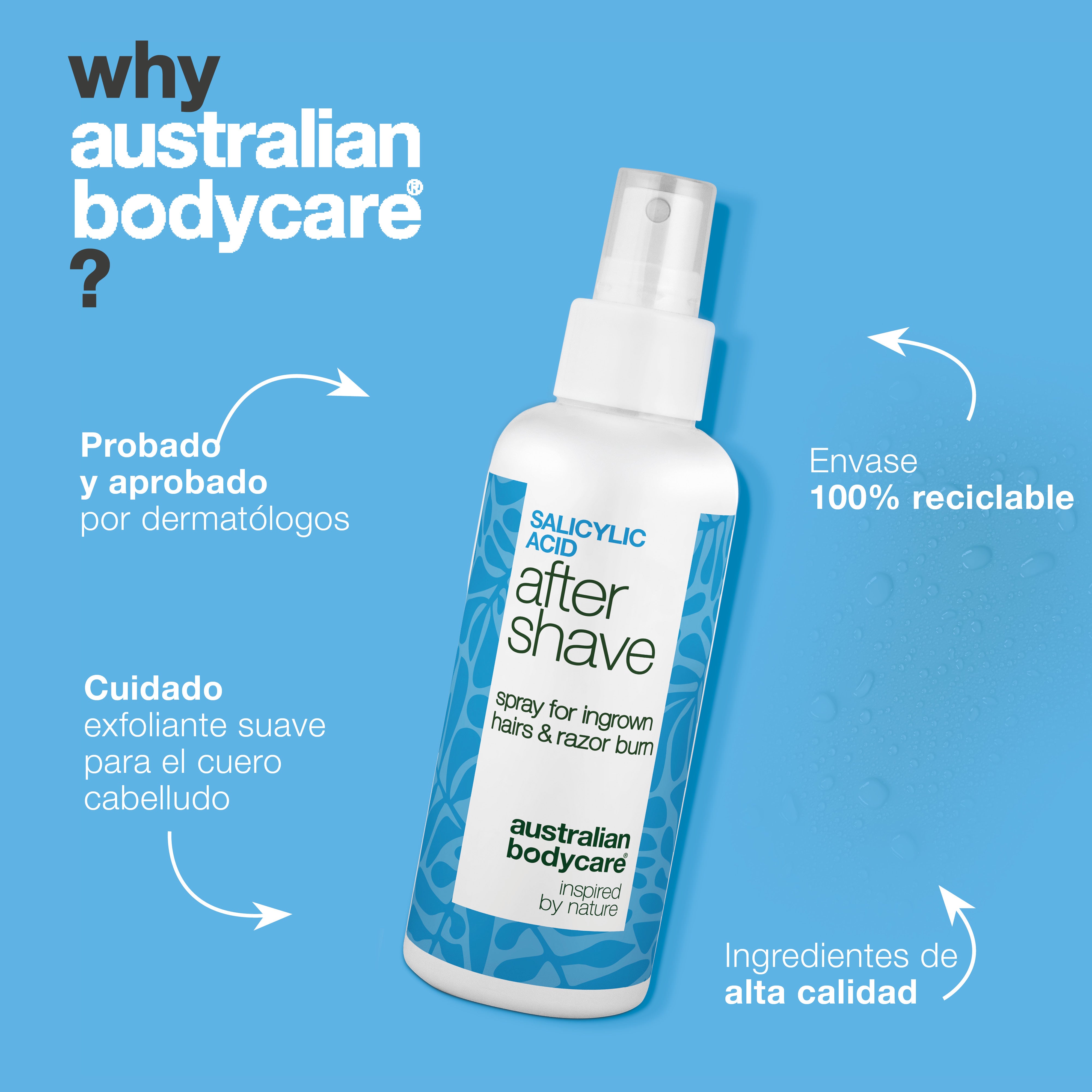 Spray After Shave Ácido Salicílico contra irritaciones — Spray After Shave contra vellos encarnados e irritación. Calma el picor con Ácido Salicílico y Aloe Vera para un acabado suave.