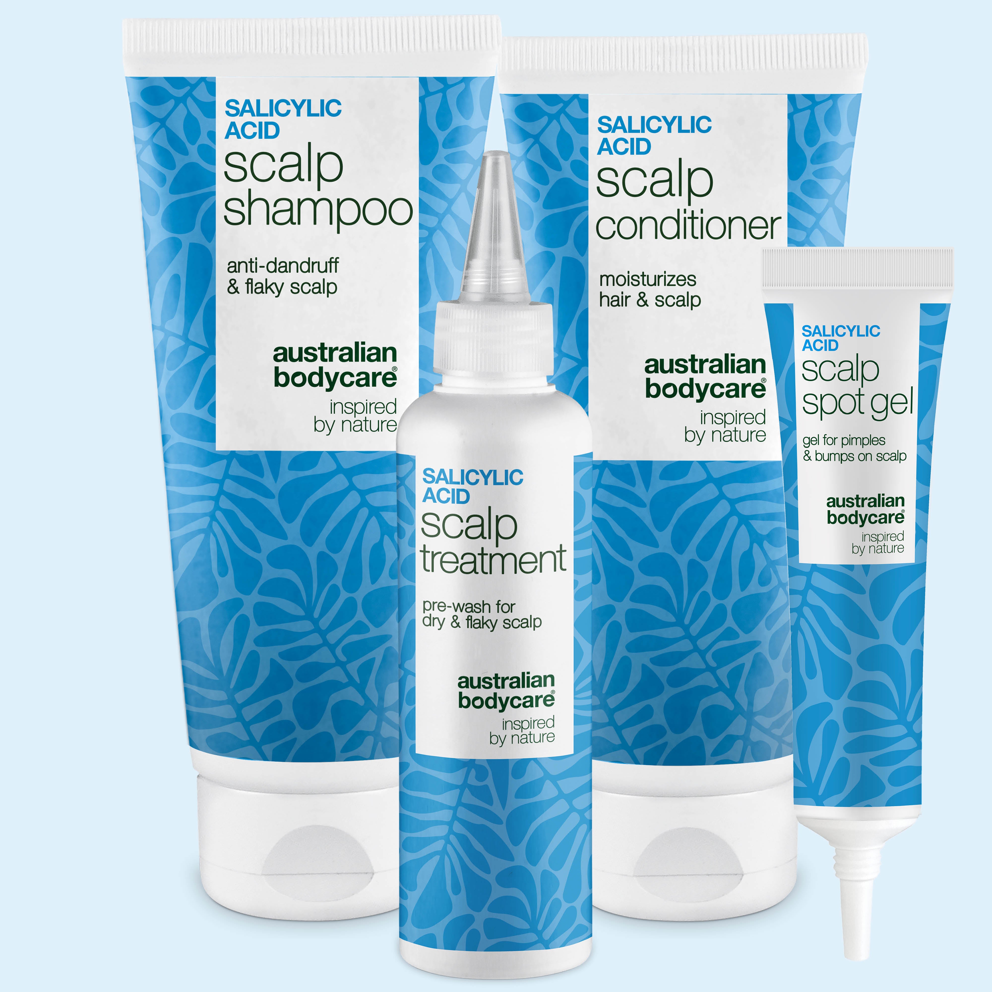 Set de Ácido Salicílico para el cuero cabelludo con champú, acondicionador, tratamiento prelavado y gel anti-granos de Australian Bodycare
