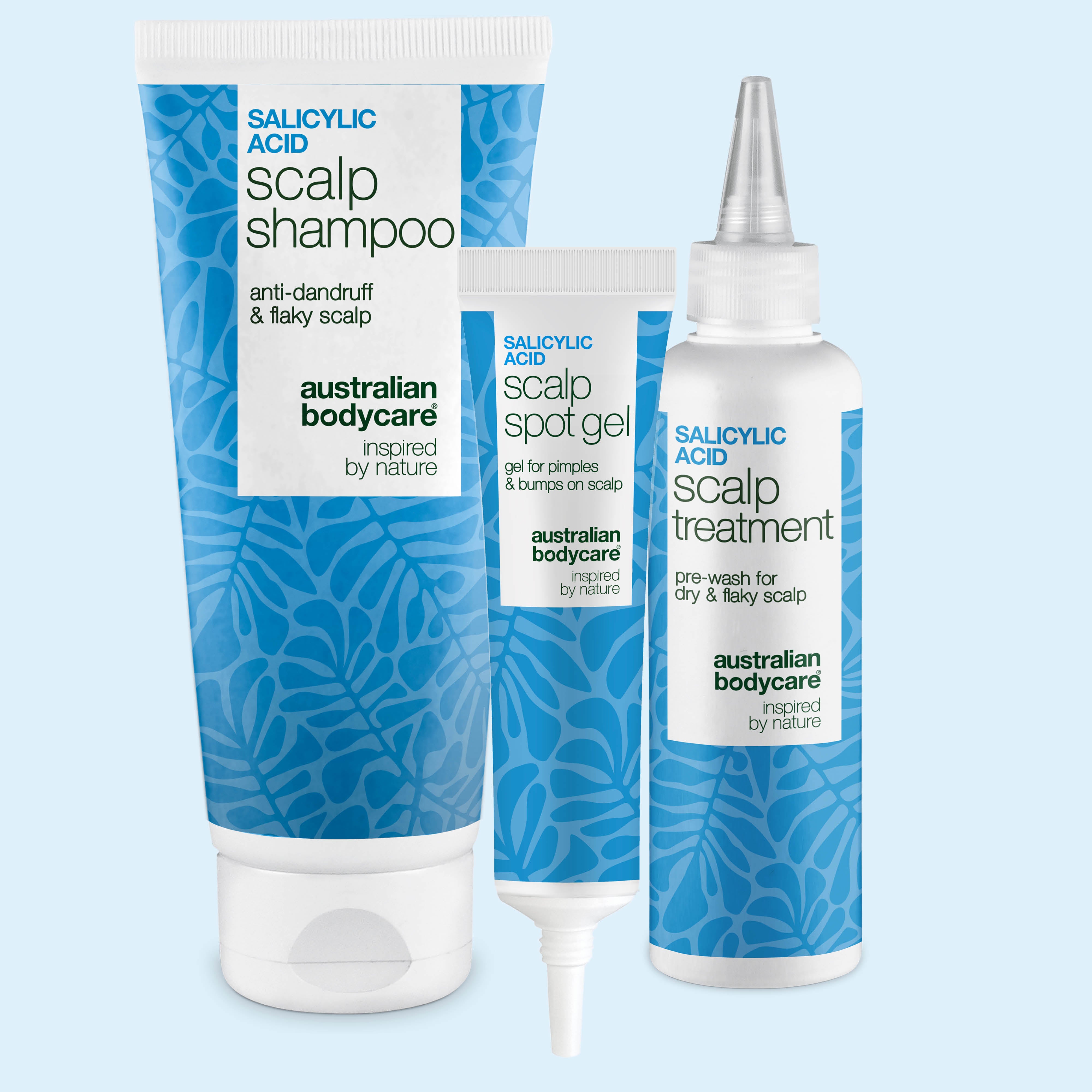 Set de Ácido Salicílico para cuero cabelludo graso con champú, tratamiento prelavado y gel anti-granos de Australian Bodycare