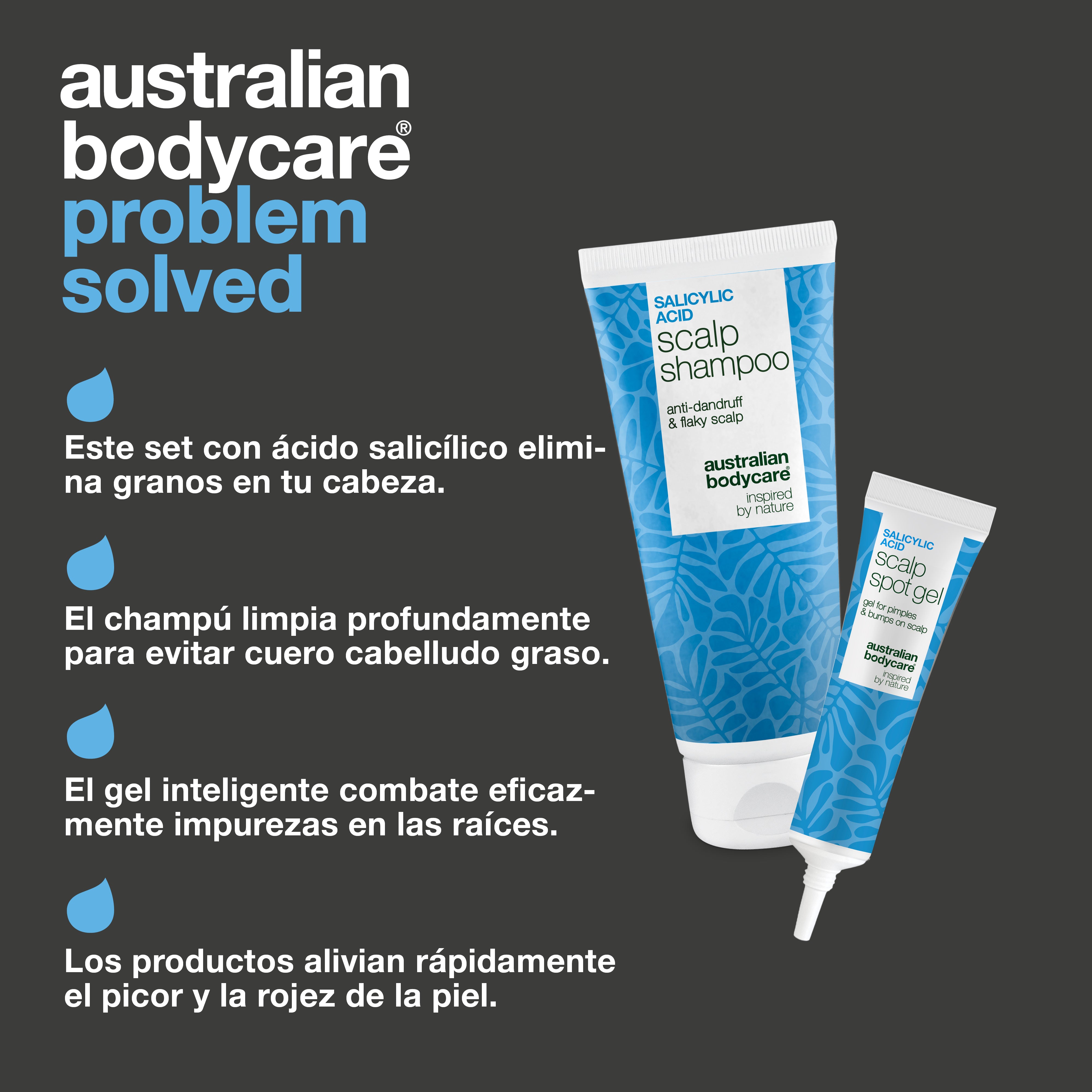 Ventajas del set: un champú purificante y un gel de Ácido Salicílico que calma los granos y bultitos doloridos