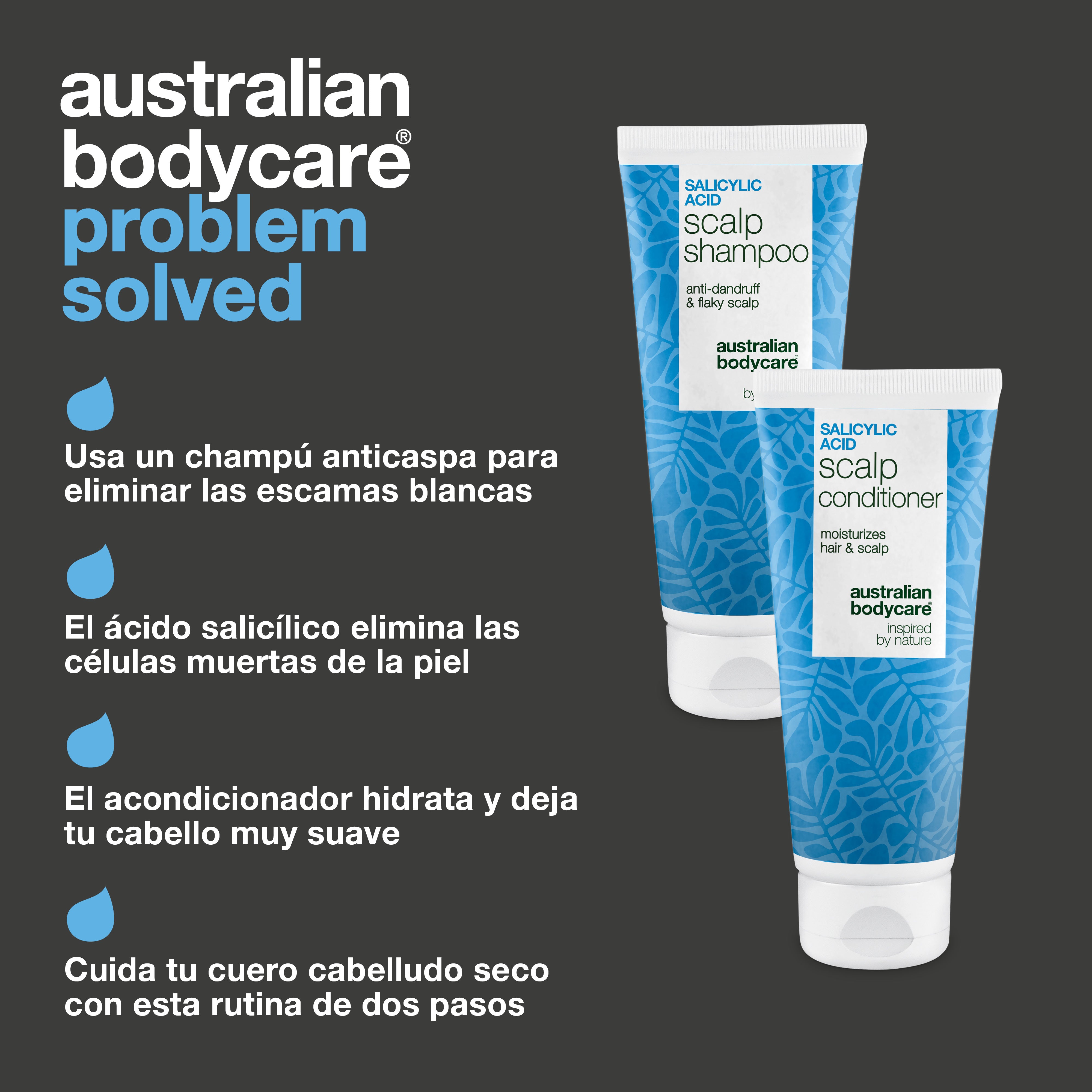 Ventajas del kit: champú anticaspa, Ácido Salicílico que elimina células muertas y acondicionador que hidrata el cabello
