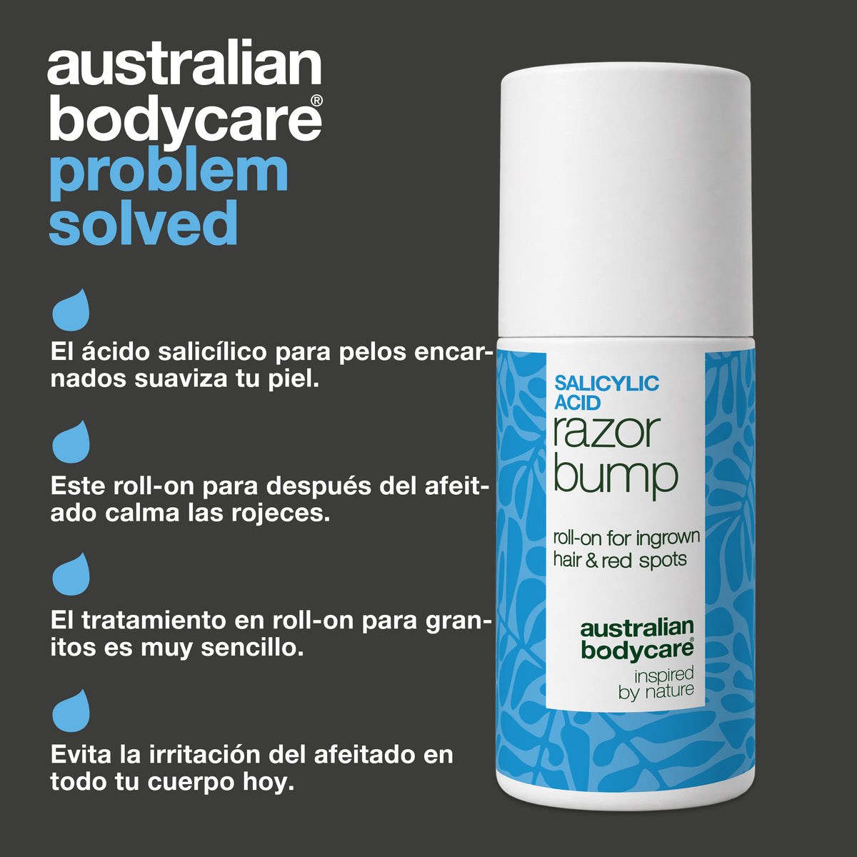 Roll-on Salicylic Acid Razor Bump de Australian Bodycare: el ácido salicílico para pelos encarnados suaviza tu piel, este roll-on para después del afeitado calma las rojeces, el tratamiento para granitos es muy sencillo y evita la irritación del afeitado en todo el cuerpo.