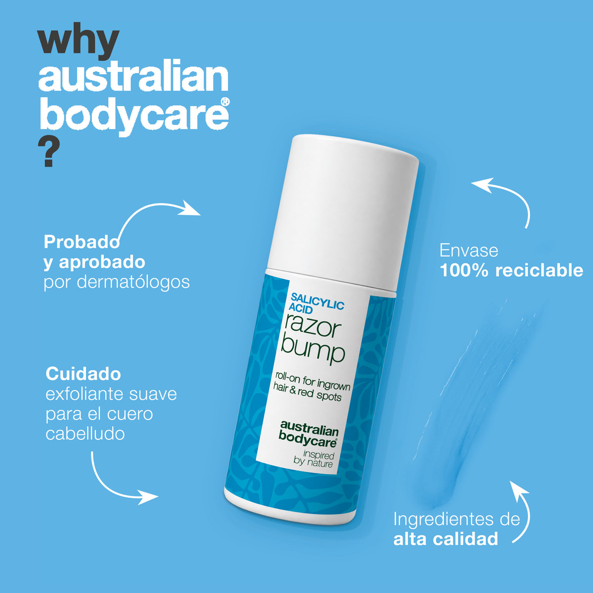 Por qué Australian Bodycare: el roll-on Salicylic Acid Razor Bump está probado y aprobado por dermatólogos, un cuidado exfoliante suave para el cuerpo, con ingredientes de alta calidad y envase 100% reciclable.