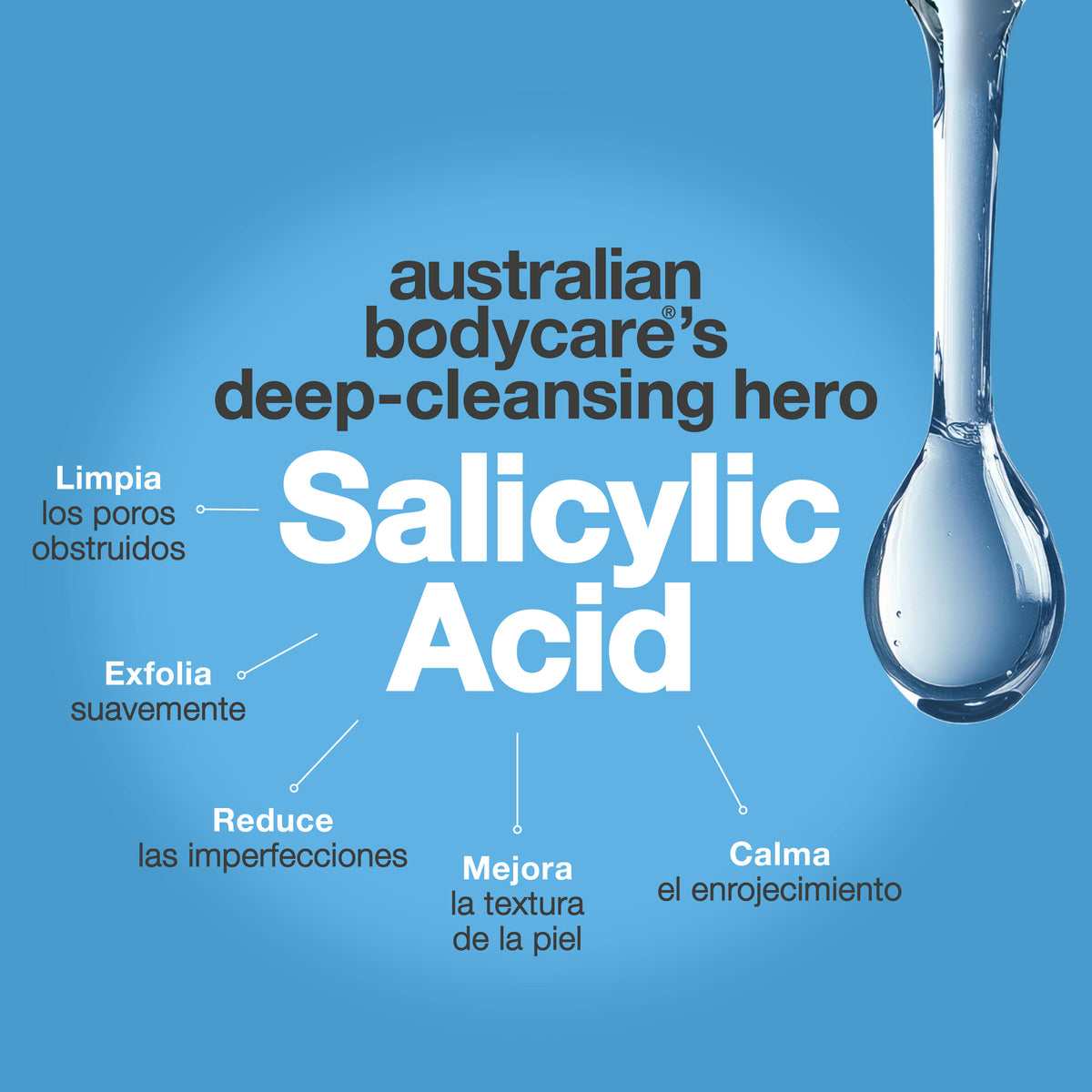 Australian Bodycare destaca el ácido salicílico como un ingrediente de limpieza profunda, que ayuda a desobstruir los poros, reducir las imperfecciones, exfoliar suavemente, calmar las rojeces y mejorar la textura de la piel.
