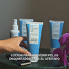 Vídeo: el spray After Shave, el Pre-shave Scrub, la loción Ingrown Hair y el Shave Gel sobre una mesa junto a una maquinilla y una orquídea, con el texto «loción para prevenir pelos enquistados tras el afeitado». Loción para Después del Afeitado de Australian Bodycare.