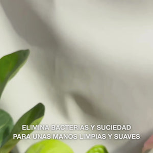 Primer plano de manos que dispensan un jabón líquido transparente de tono azul claro, espumoso y enriquecido con Tea Tree Oil, en la palma, y luego lo extienden suavemente sobre palmas, dorso de las manos y entre dedos—mostrando la espuma suave que limpia bacterias y suciedad mientras suaviza e hidrata la piel.