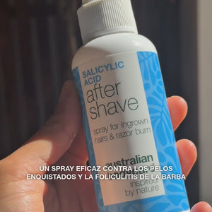 Vídeo: una mano sostiene el frasco, con el texto «un spray eficaz contra los pelos enquistados y la foliculitis de la barba». Spray After Shave Ácido Salicílico de Australian Bodycare.