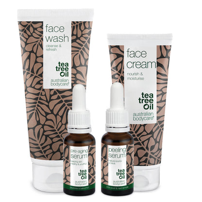 Pack de 4 productos antiedad para pieles maduras (50+) - Sérum Anti-edad, Serum Peeling, Limpiador Facial y Crema Facial contra las arrugas