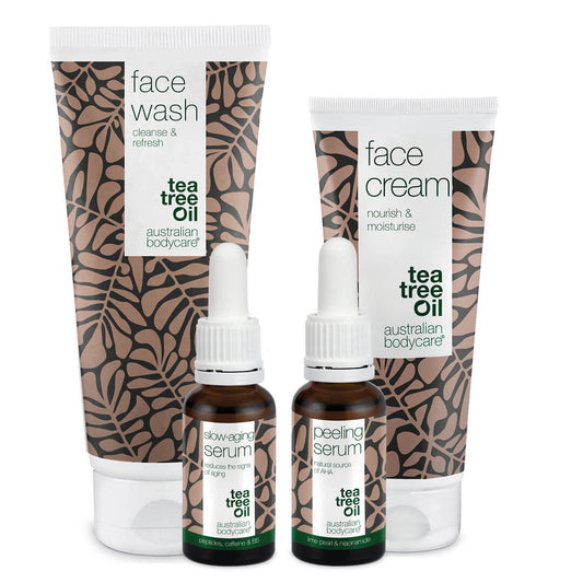 Pack de 4 productos antiedad para pieles maduras (50+) - Sérum Antiarrugas, Sérum Peeling, Jabón Facial y Crema Antiarrugas